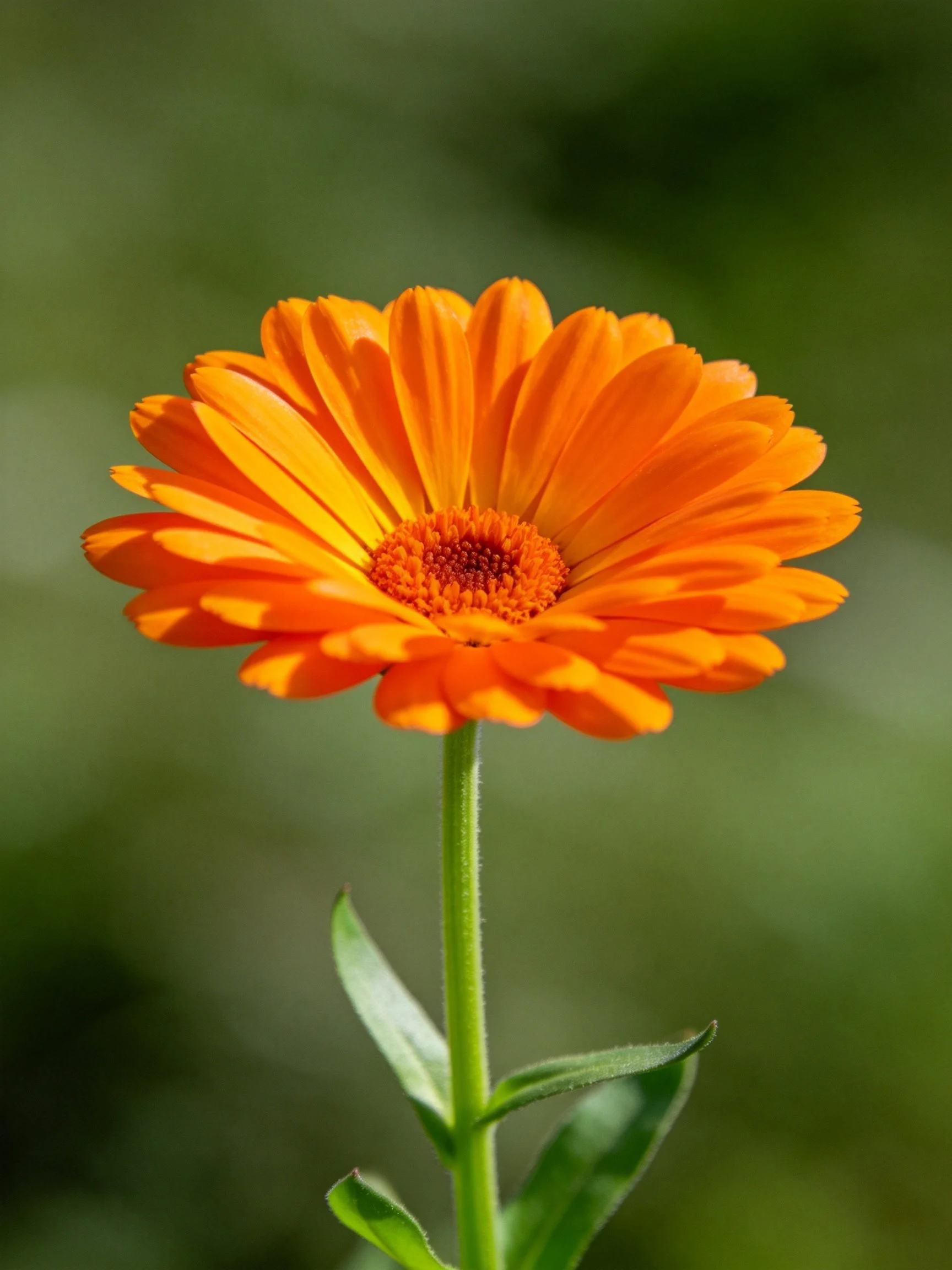 Vivid orange marigold flower with green stem and leaves