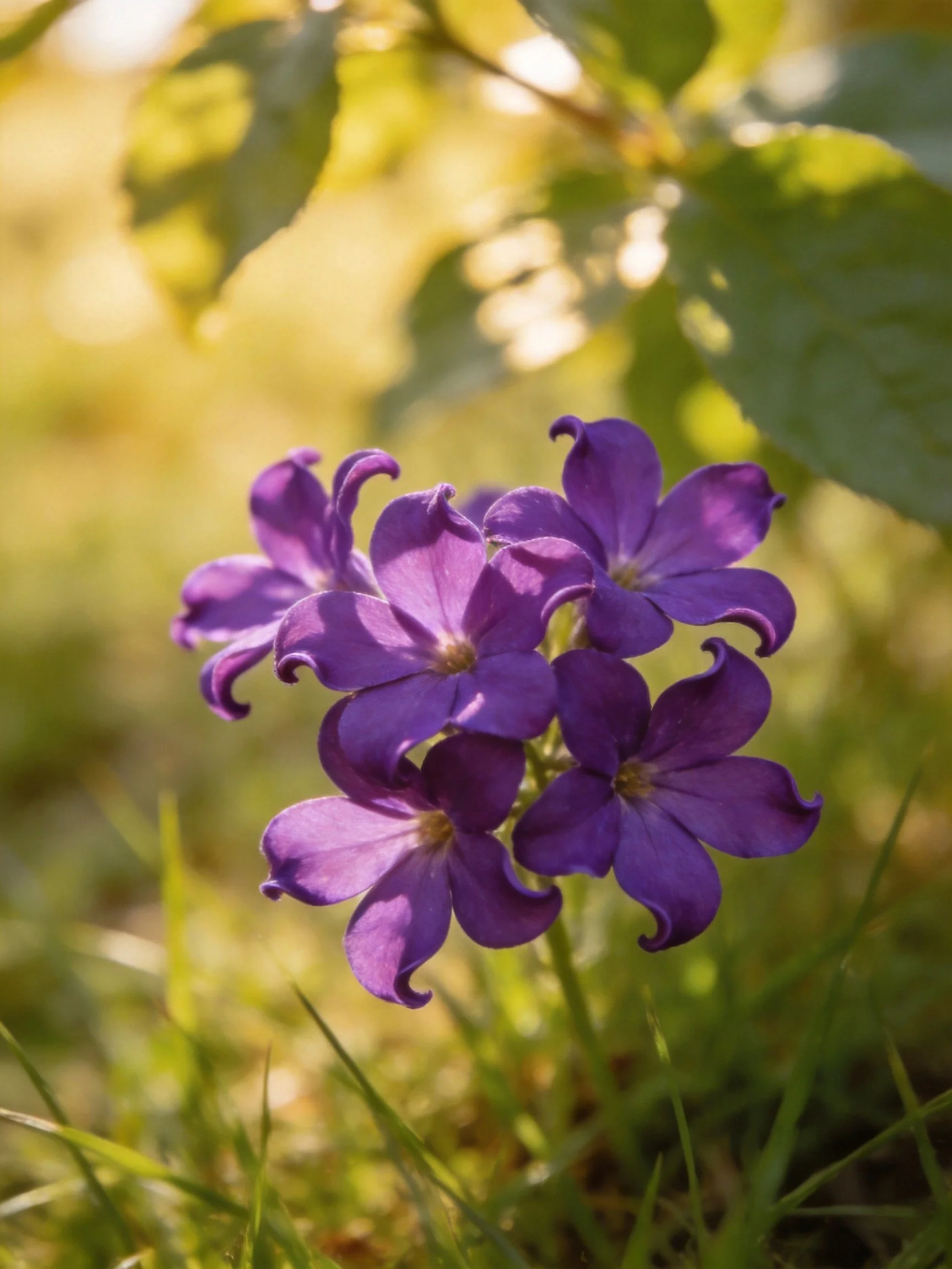 Vivid purple flower cluster amid green foliage under soft sunlight