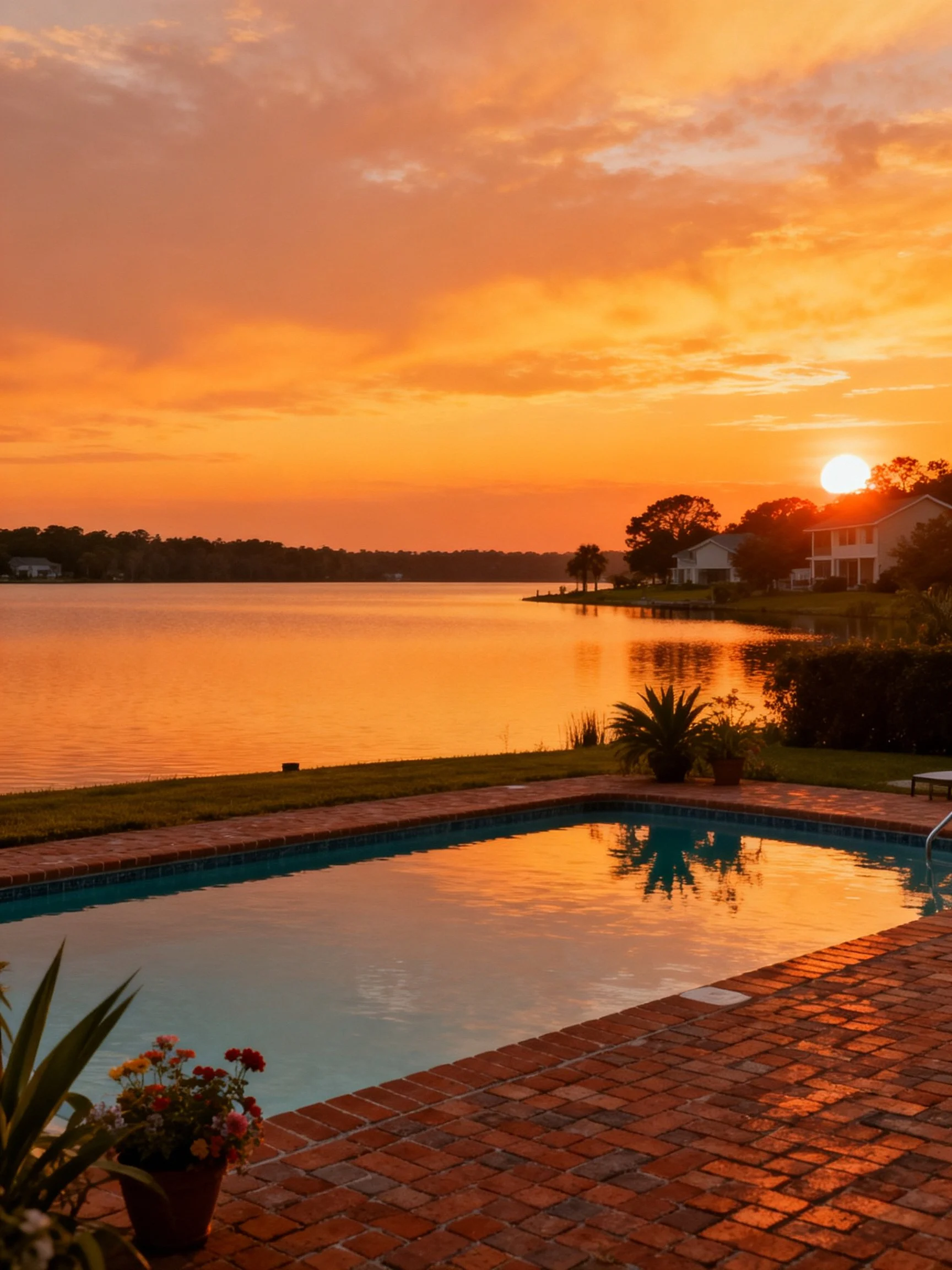 Warm orange sunset over tranquil lake with brick pool and homes