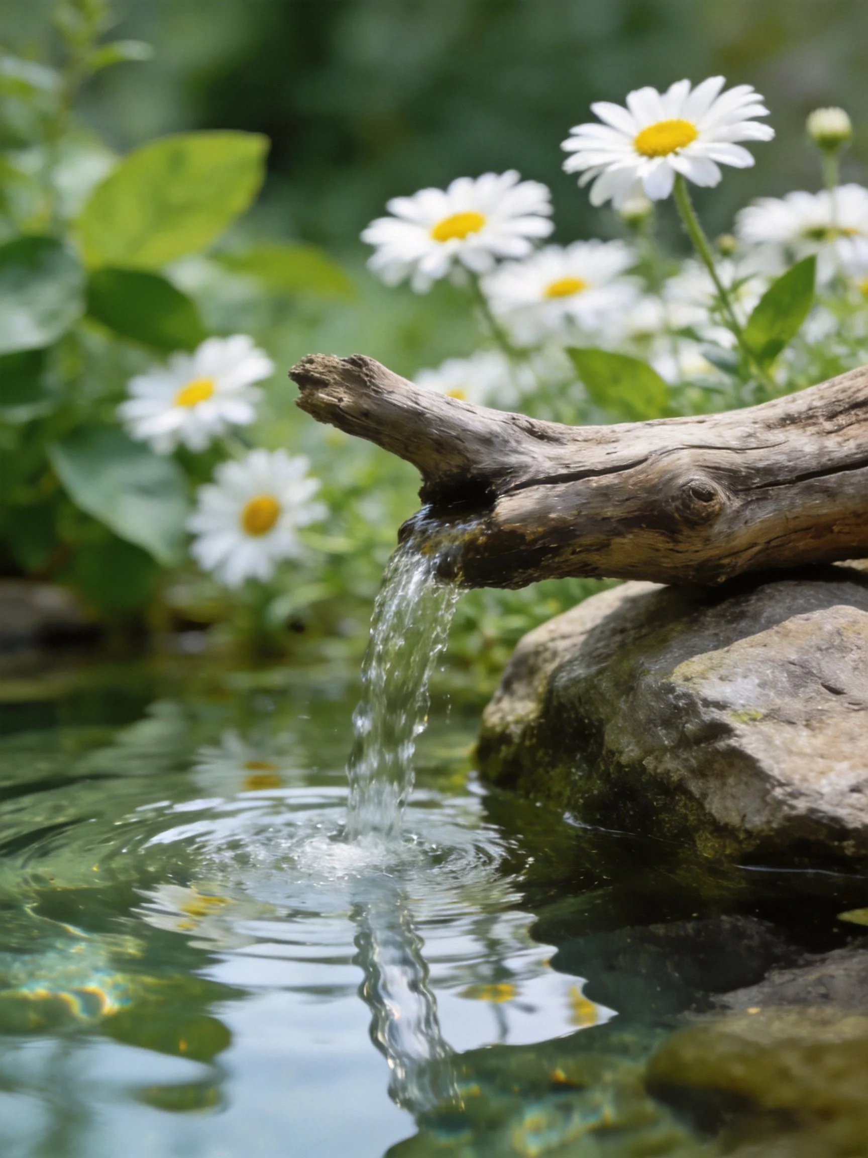 Weathered Driftwood Log Spills Water Into Pond Among White Daisies