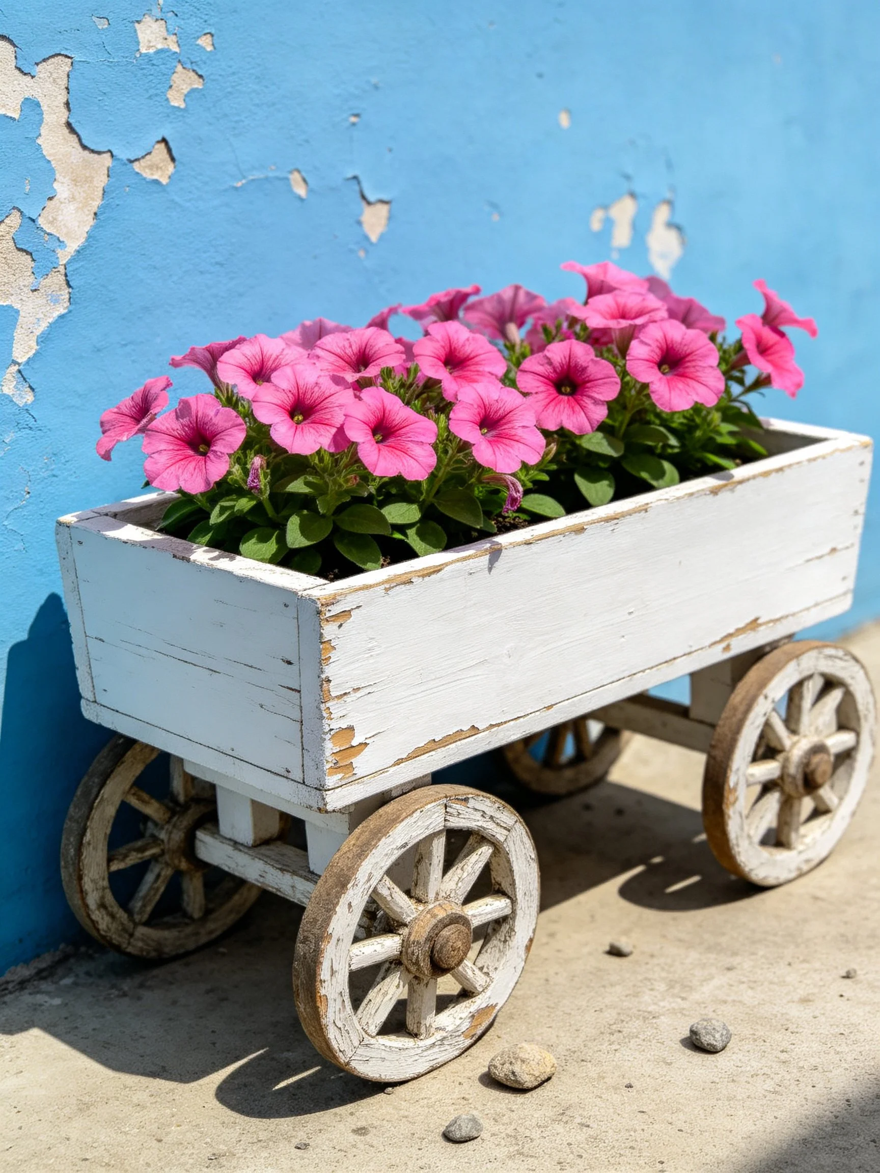 Weathered white wooden cart with vibrant pink flowers near peeling blue wall