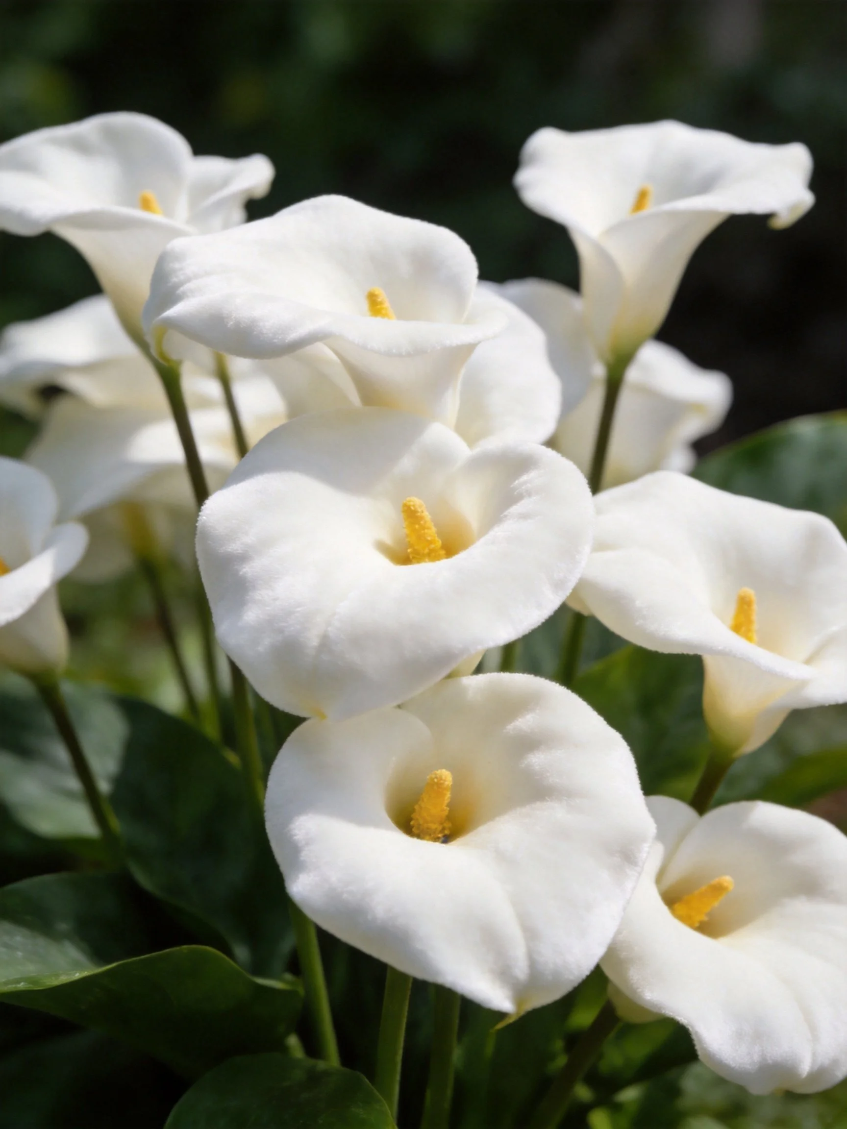 White Calla Lilies with Yellow Centers Among Green Leaves