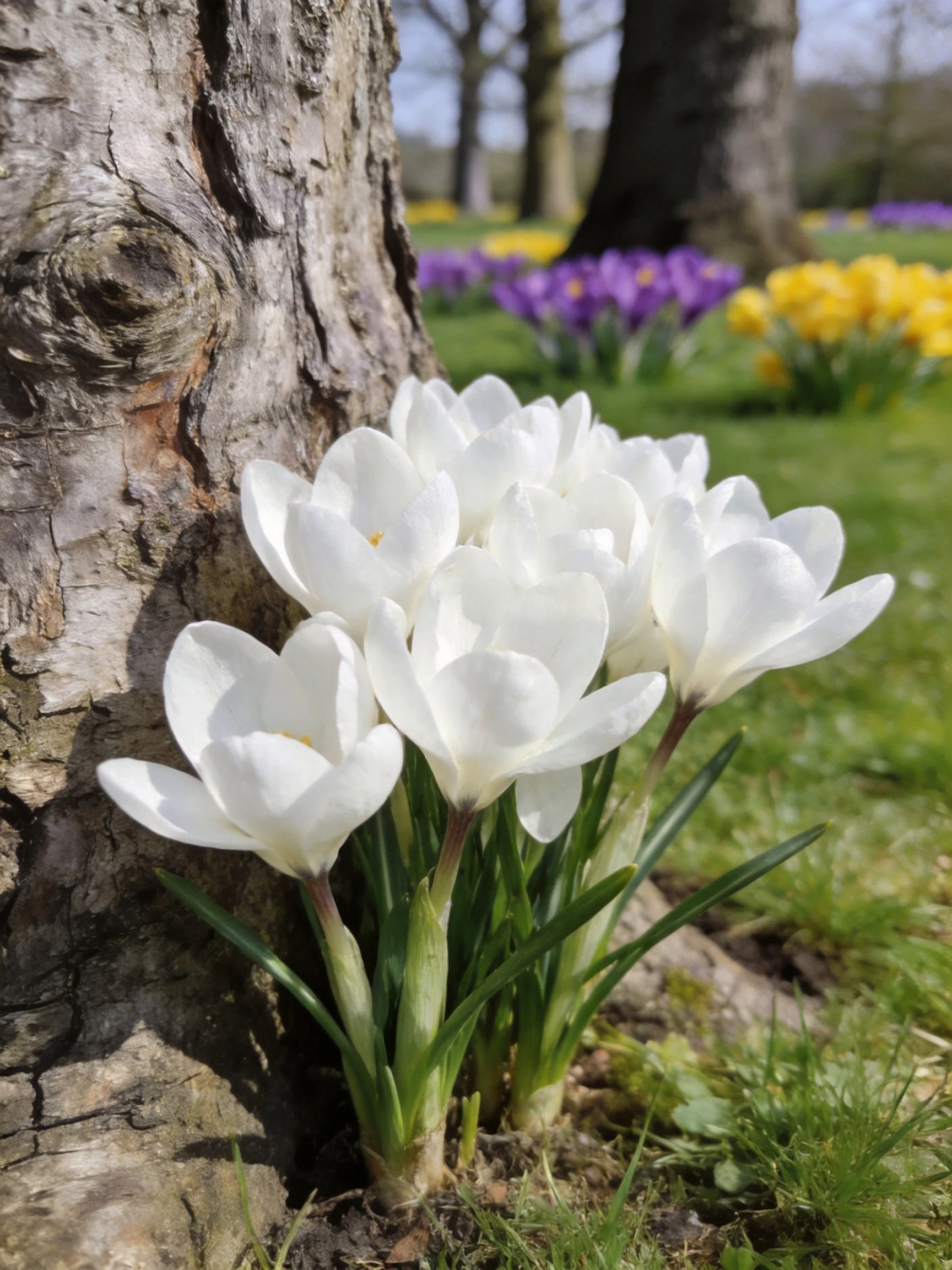 White Crocus Flowers by Tree Trunk with Purple and Yellow Flowers