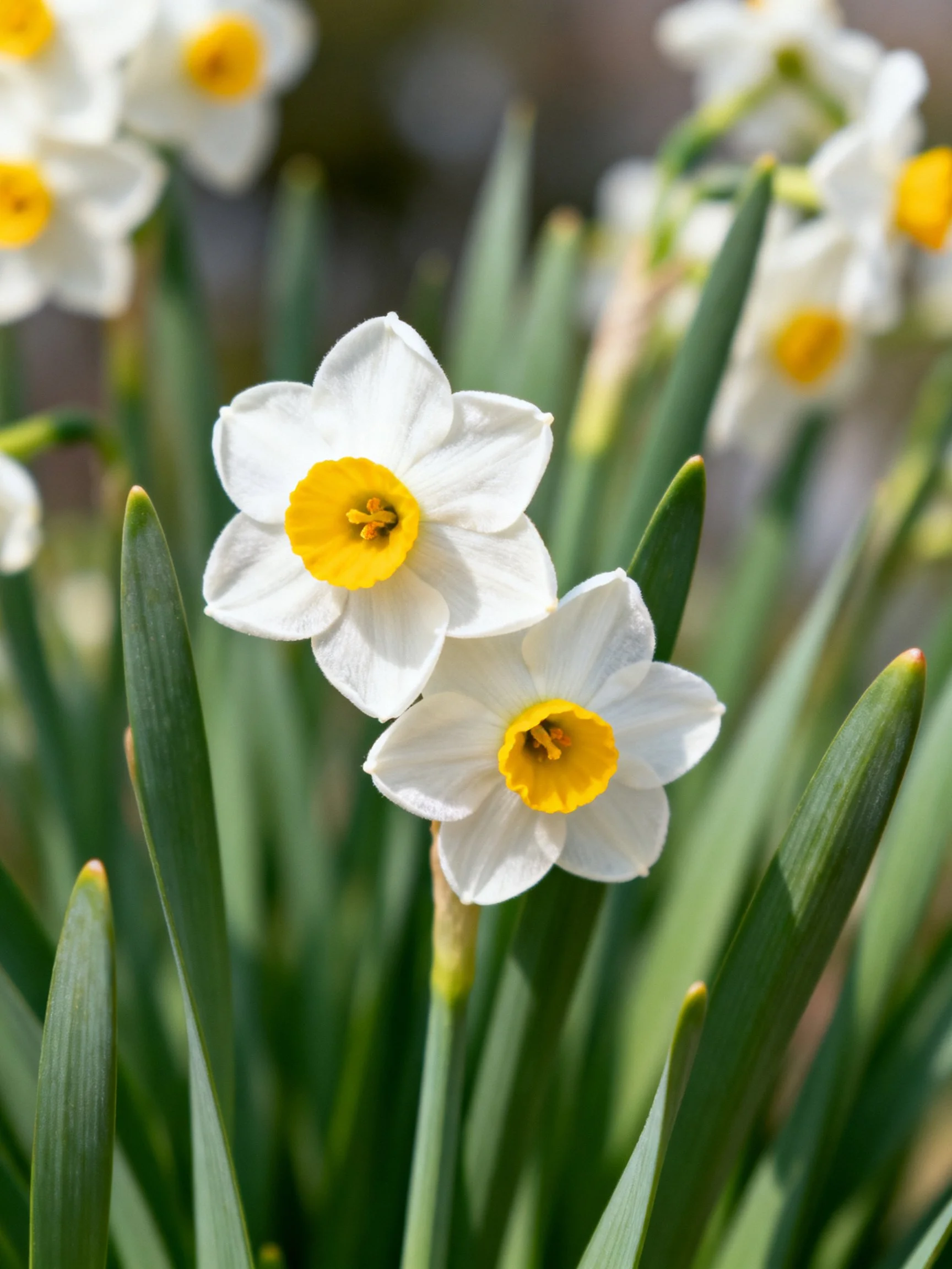 White Daffodil Flowers with Yellow Centres Among Green Stems