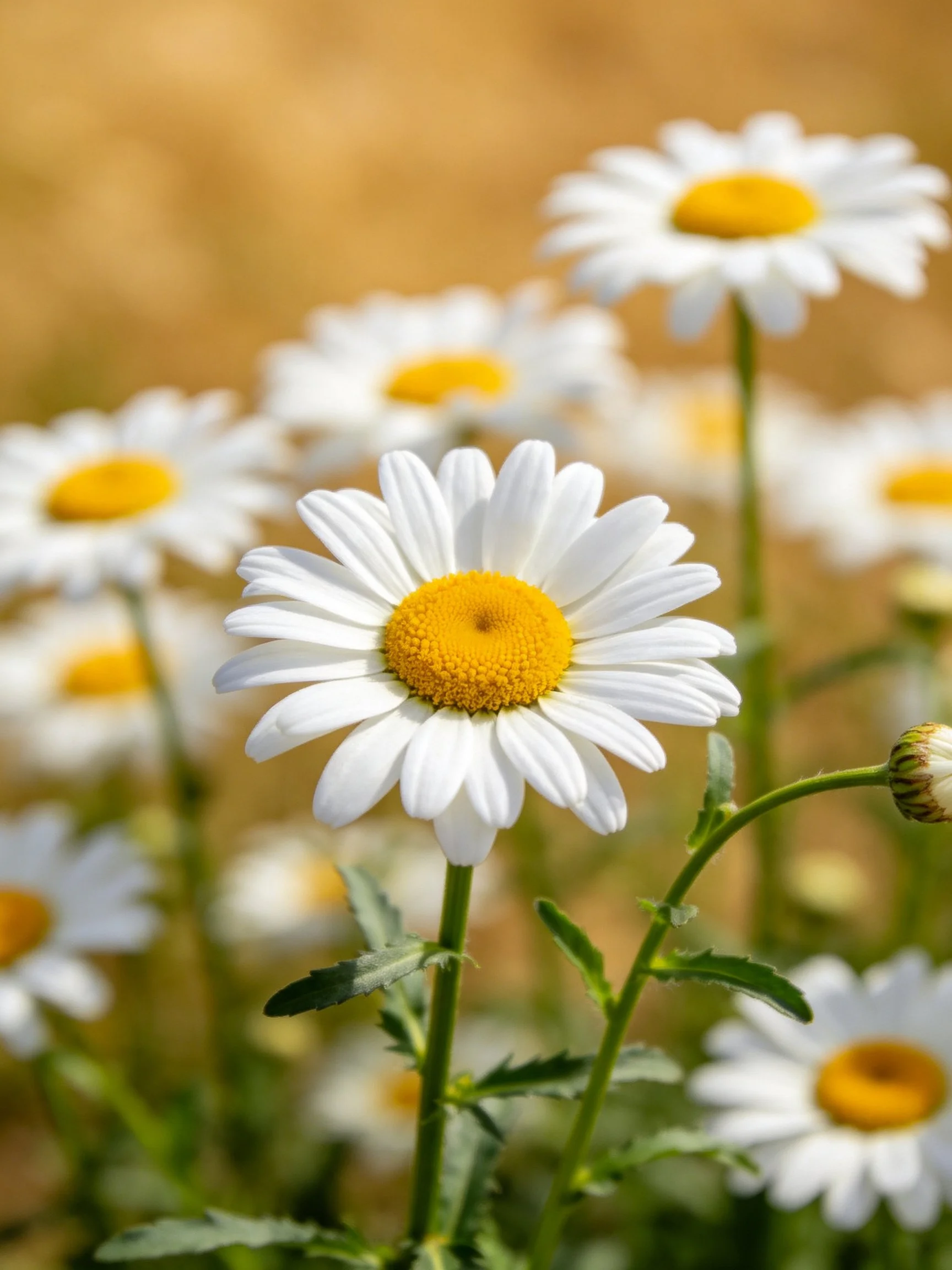 White Daisies with Yellow Centers Bloom in a Sunlit Field