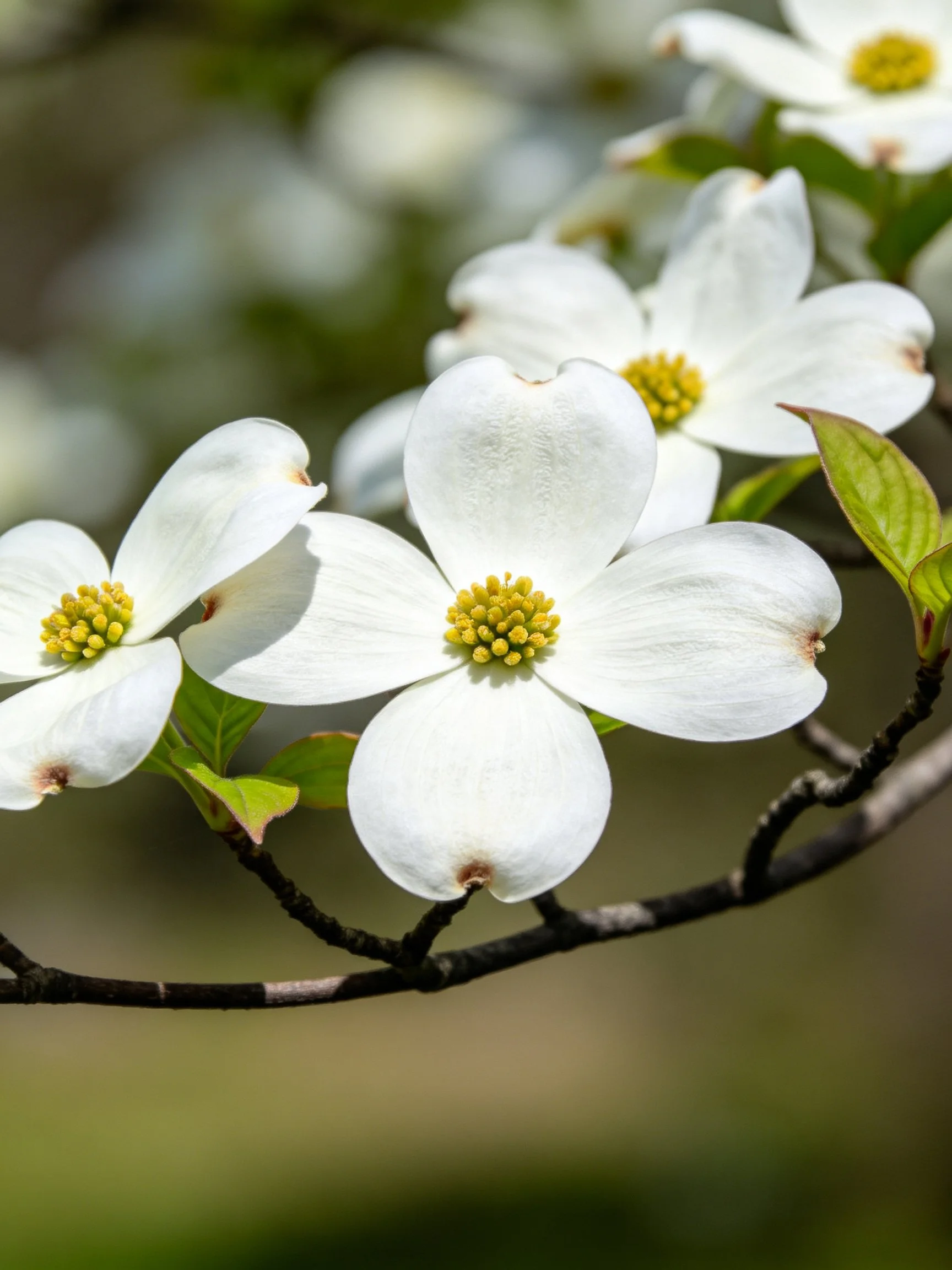White Dogwood Flowers with Yellow Centers and Green Leaves on Dark Branches