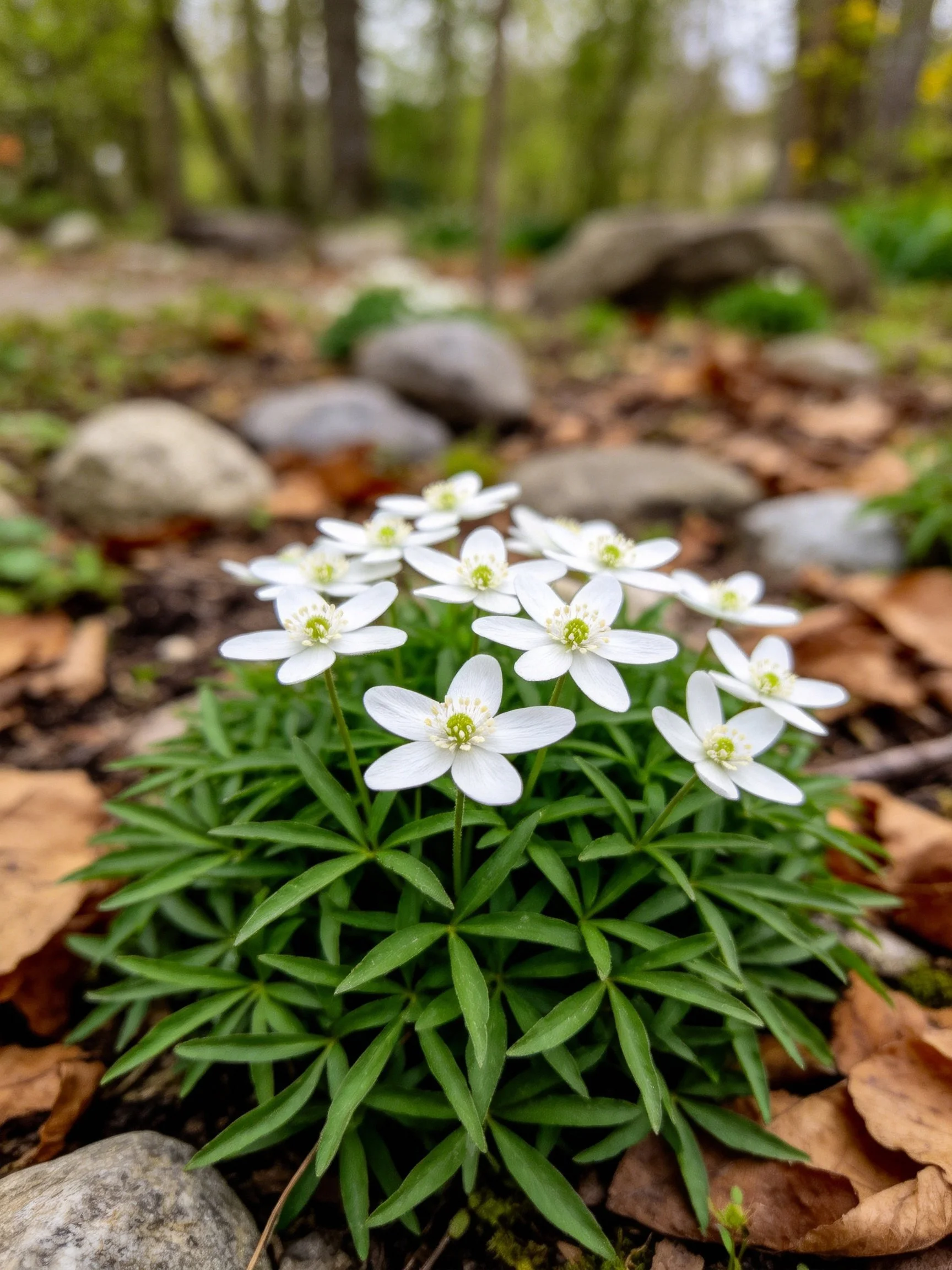White Flowers Clustered Among Rocks and Dry Leaves in Forest Setting