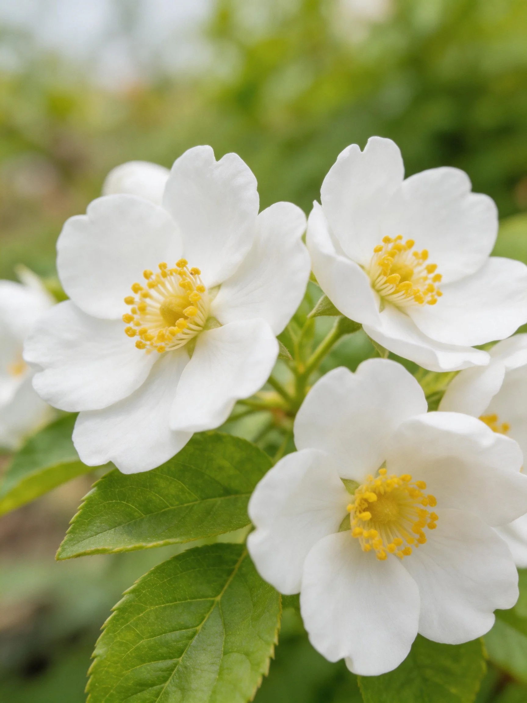 White Flowers with Bright Yellow Centers and Lush Green Leaves