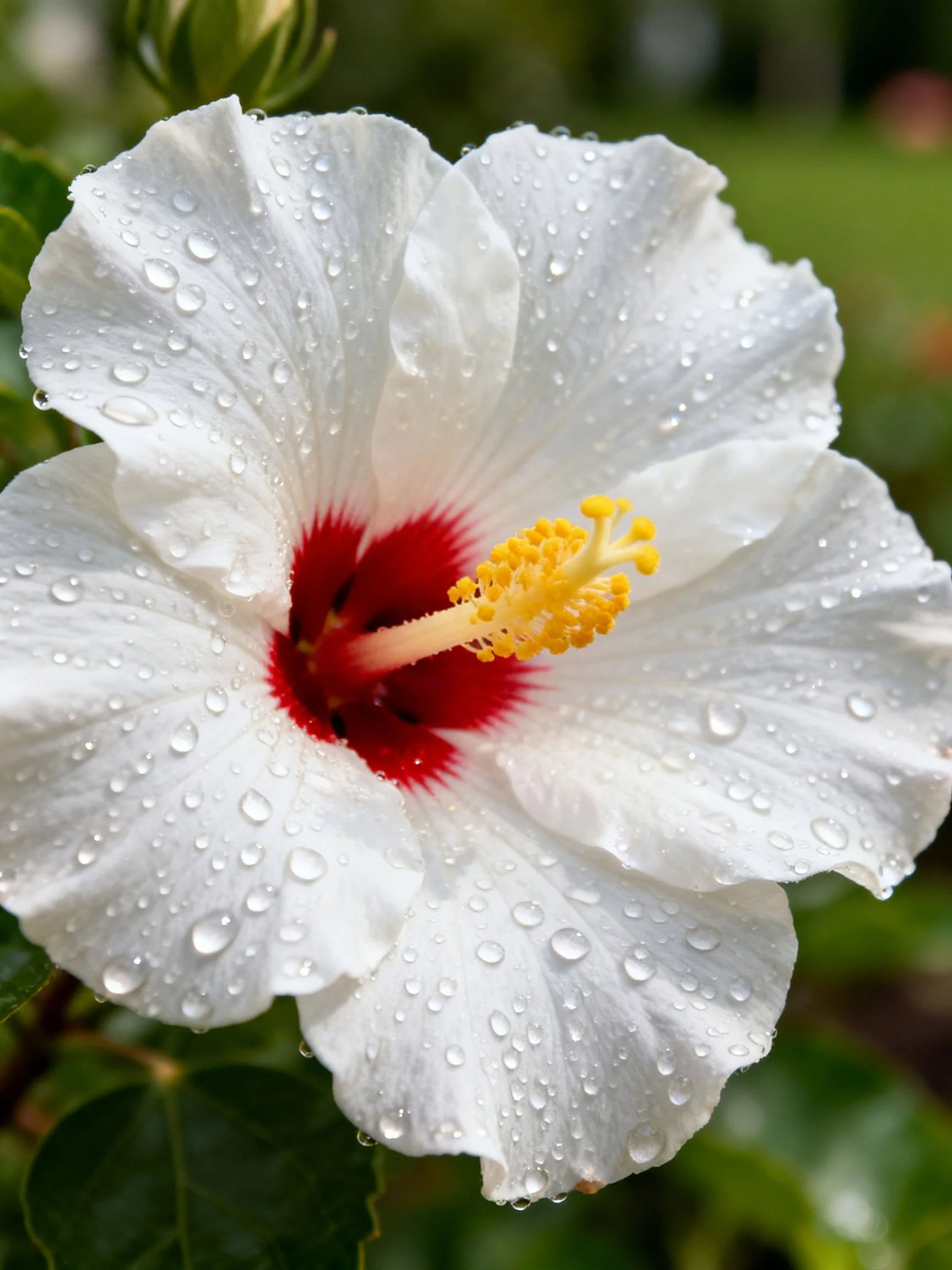 White Hibiscus Flower with Water Droplets and Red Center