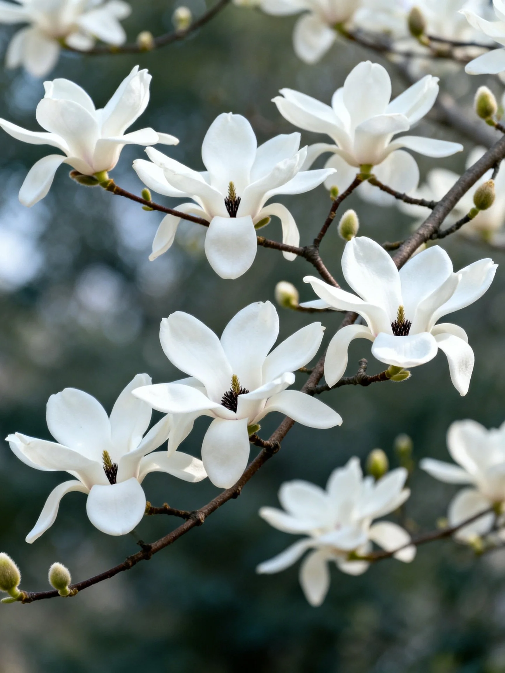 White Magnolia Flowers Bloom on Dark Branches with Bud Accents