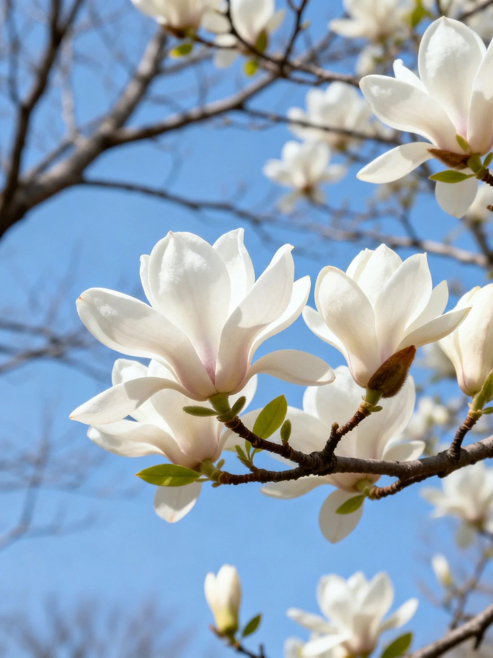 White Magnolias Bloom on Tree Branches Under Clear Blue Sky