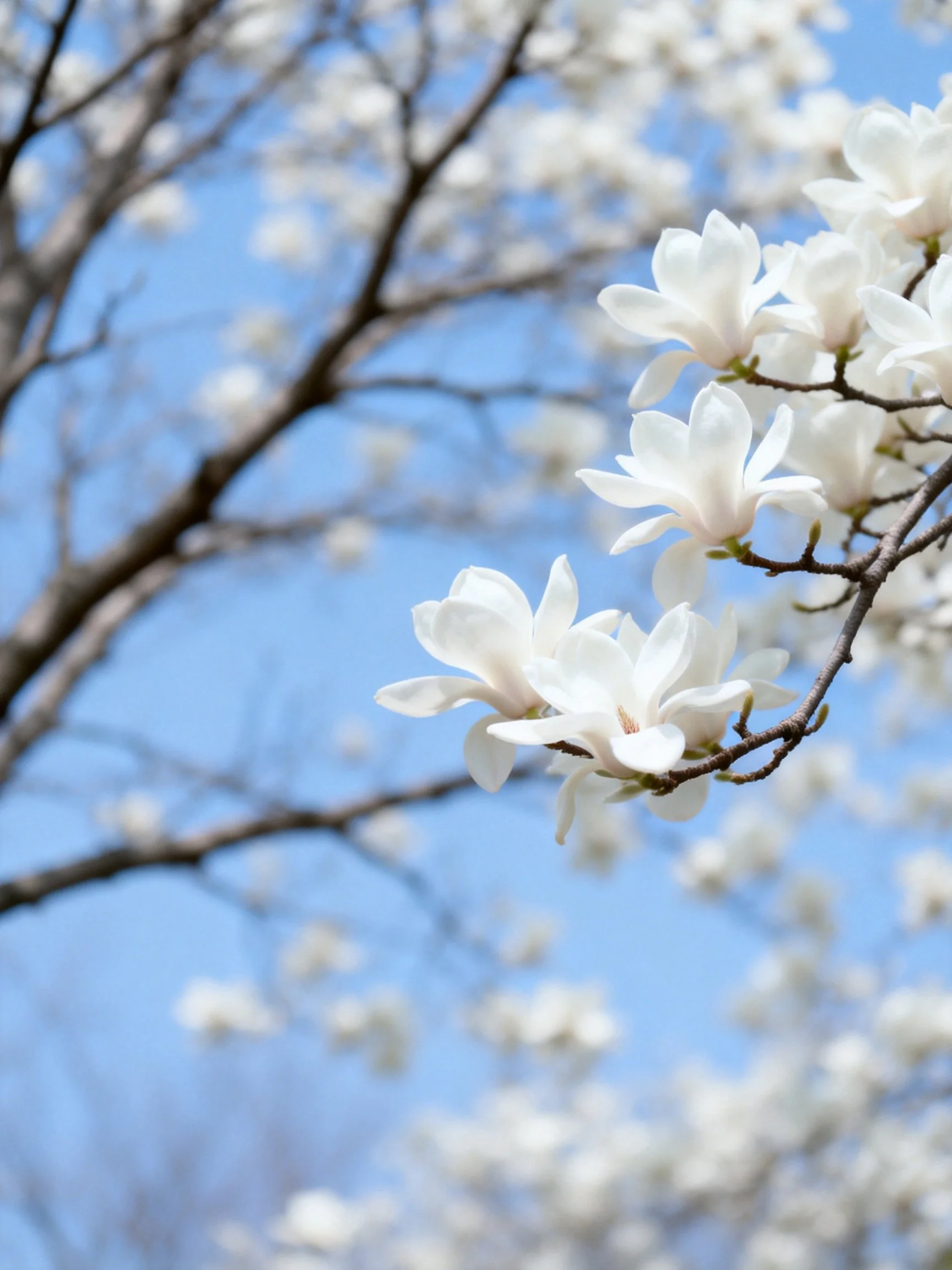 White Magnolias Blooming Against Clear Blue Sky