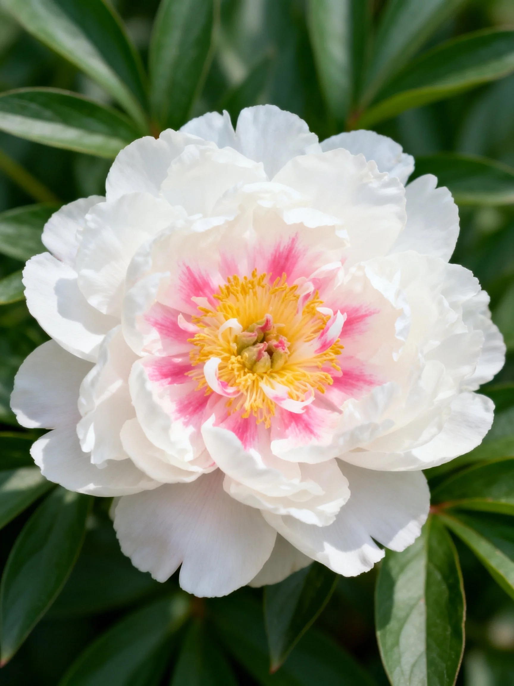 White Peony with Pink and Yellow Center