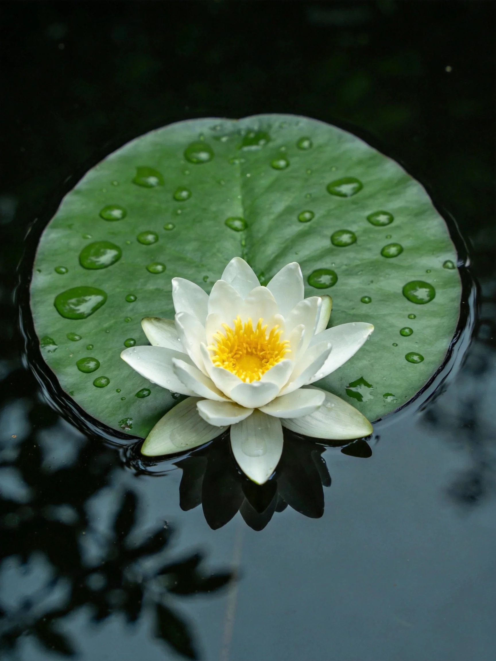 White Water Lily on Dewy Green Lily Pad Over Still Water