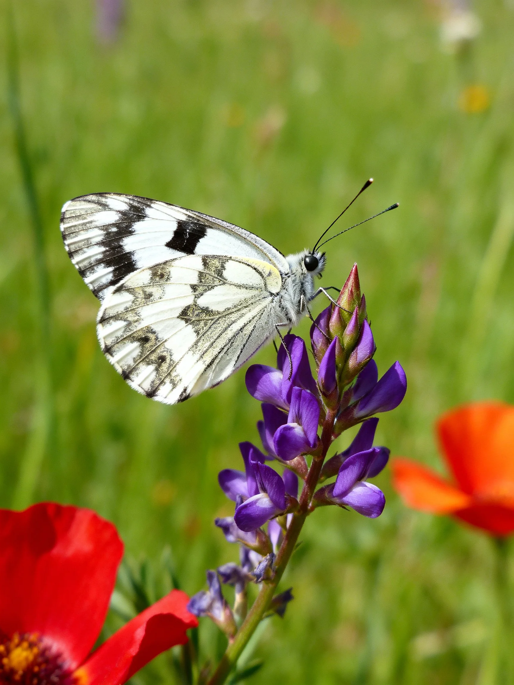 White and black butterfly perched on purple lupine near red poppies