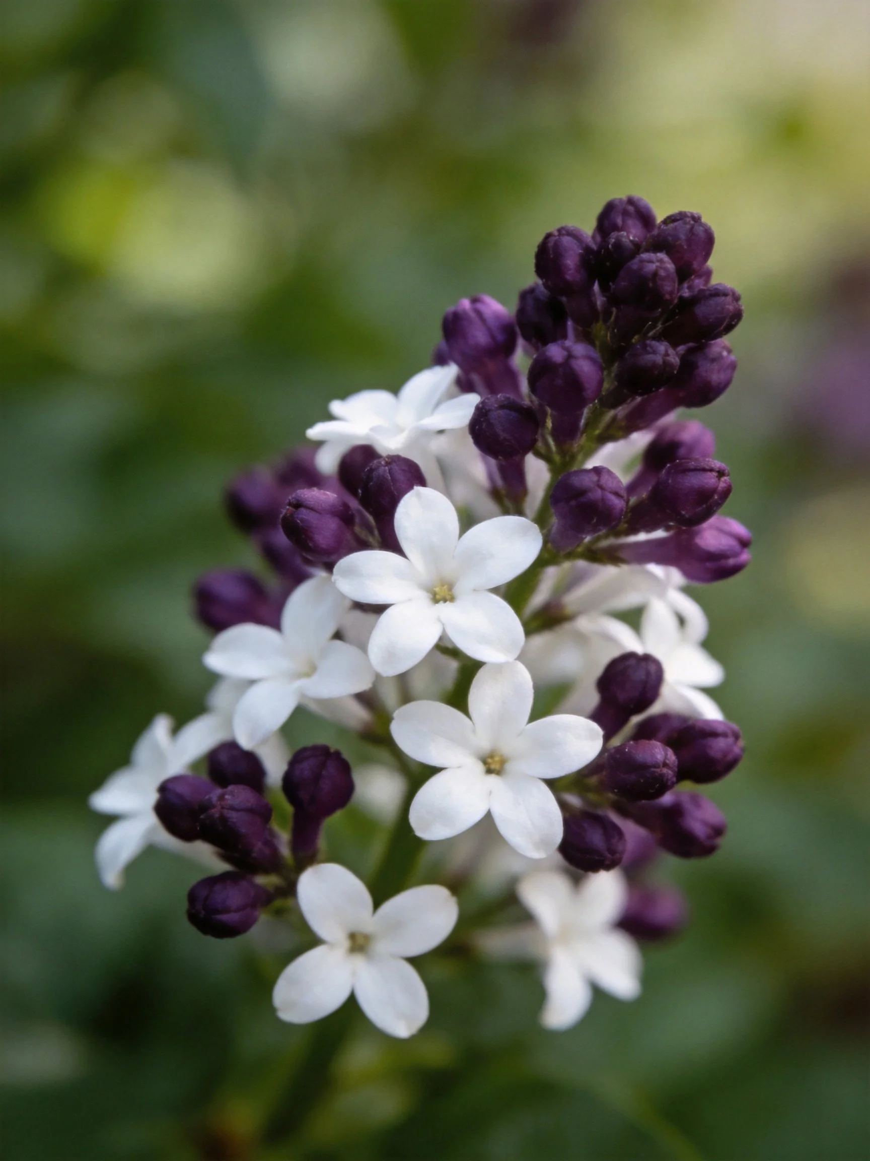White and deep purple flower cluster with unopened buds