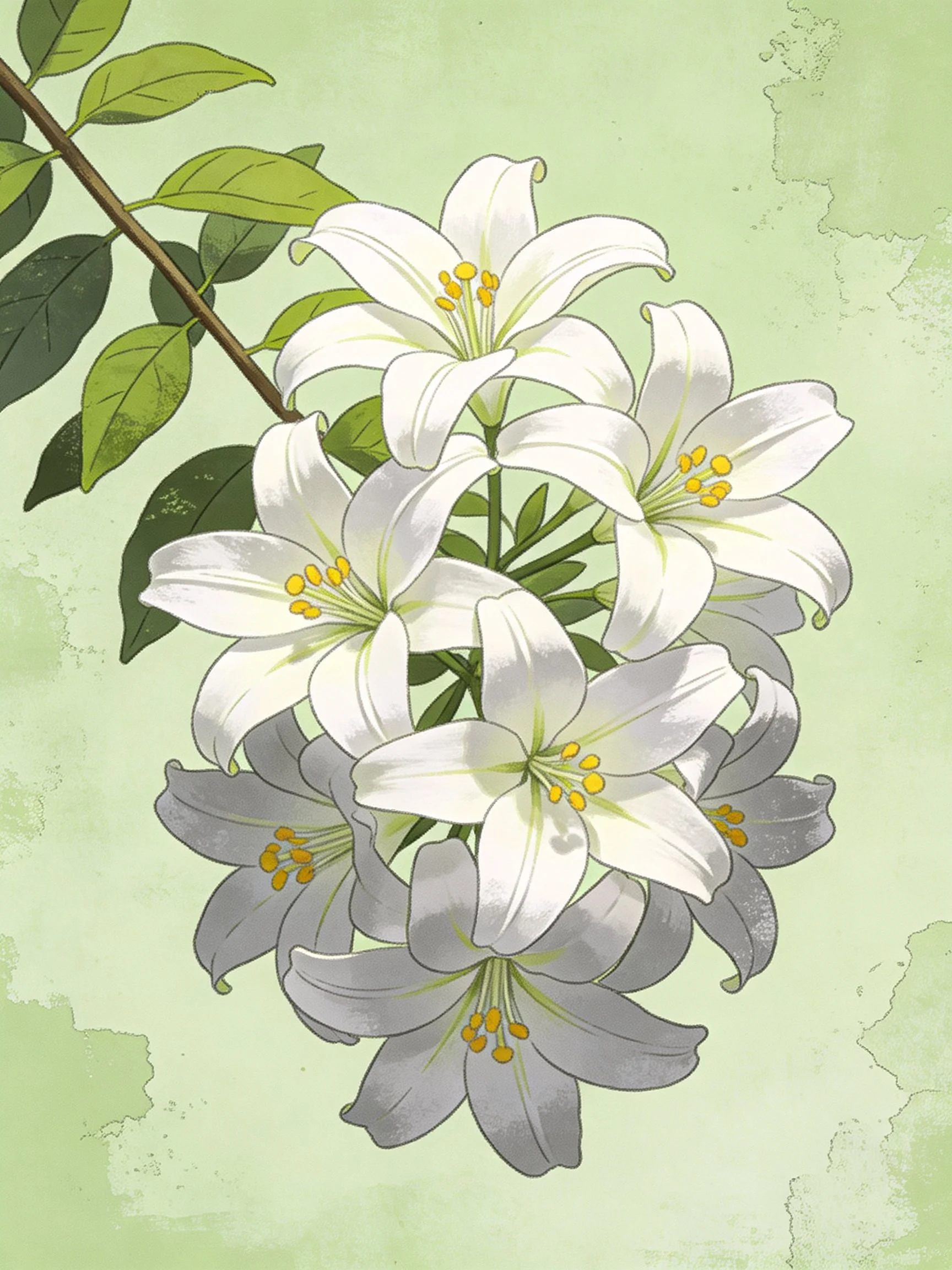 White and gray lily cluster with green foliage on a branch