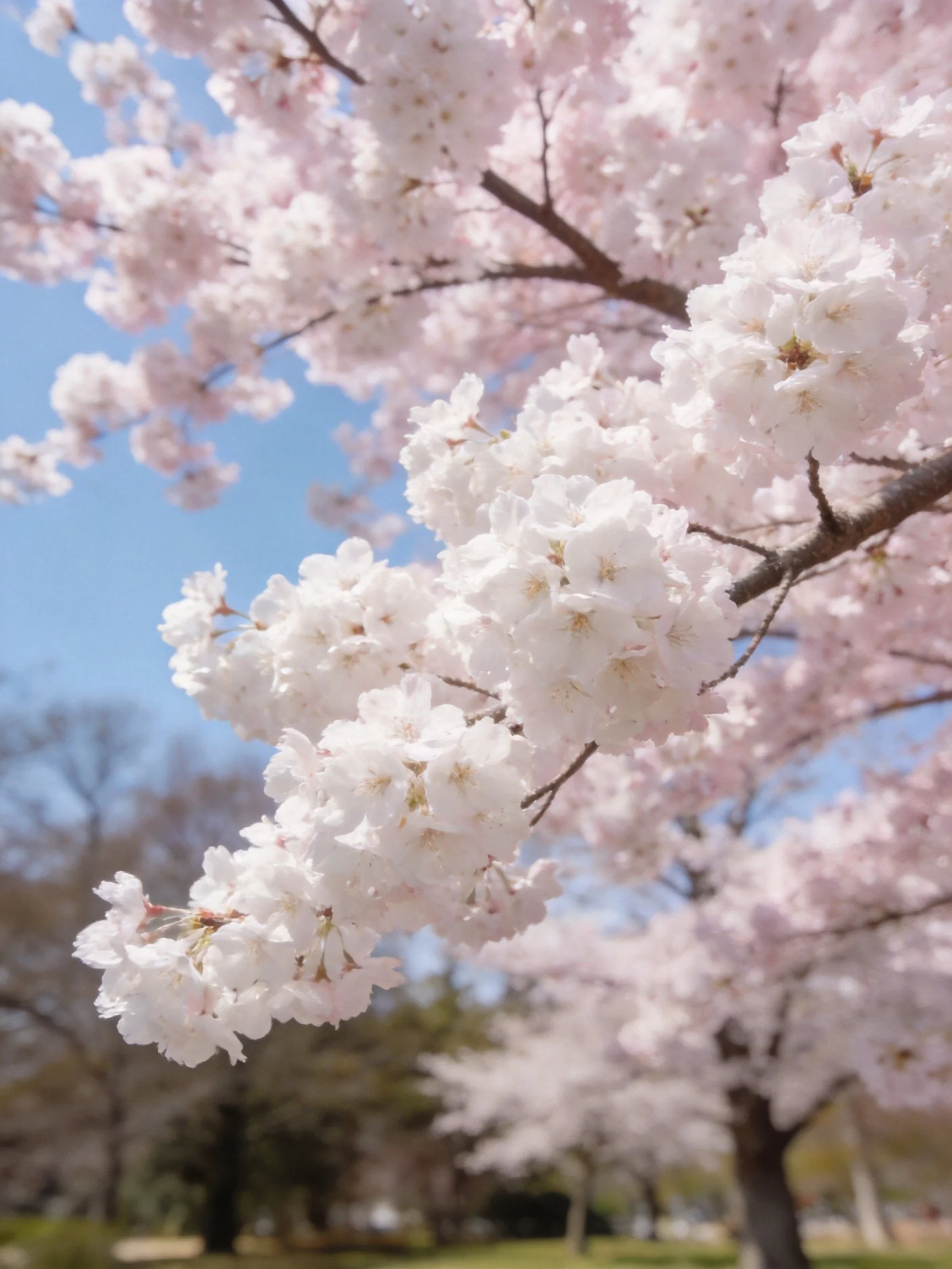 White and pale pink cherry blossoms on branches under clear blue sky