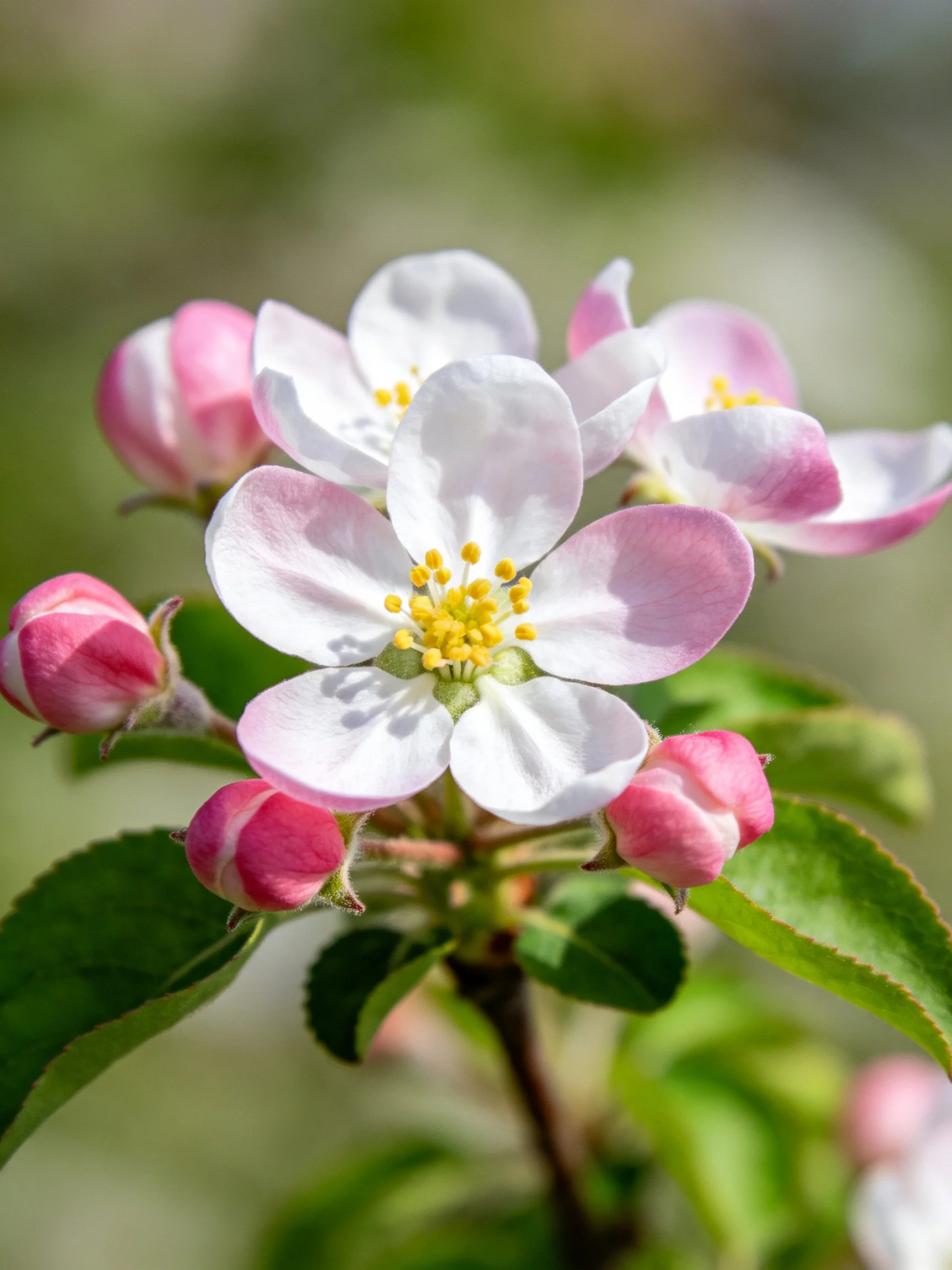 White and pink apple blossoms with green flower buds