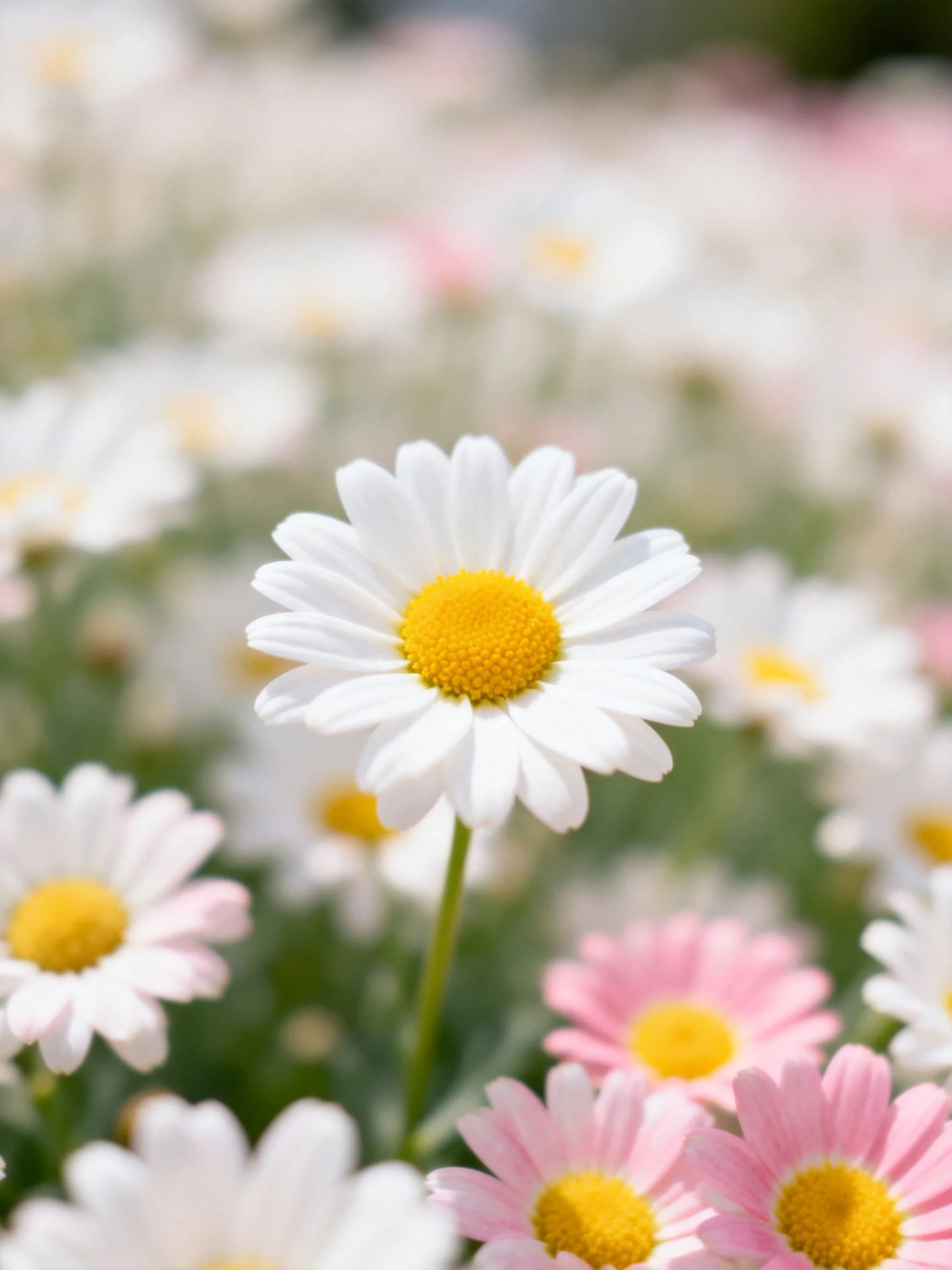 White and pink daisies with yellow centers in a garden setting