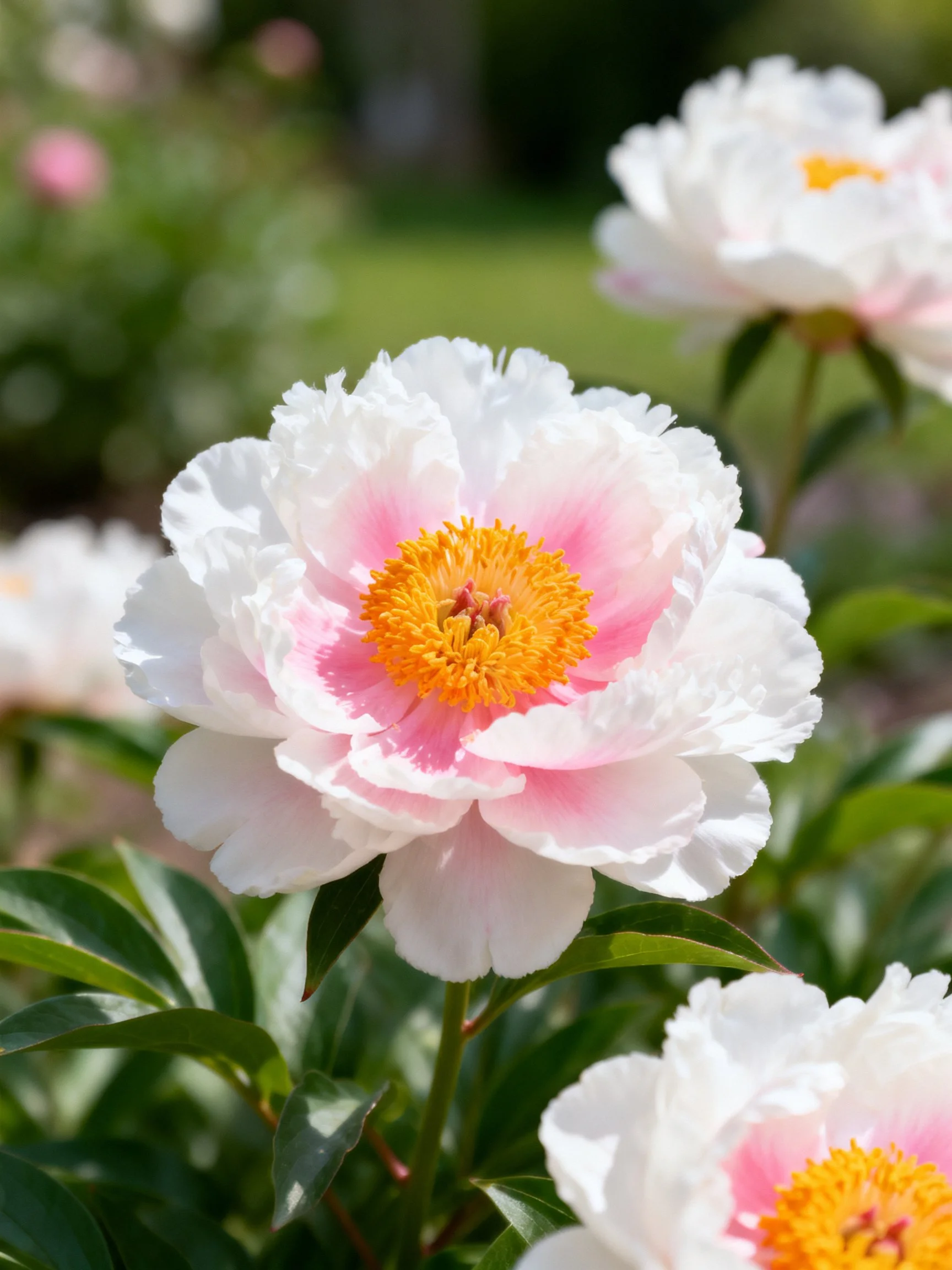 White and pink peony blooms with yellow centers in a garden