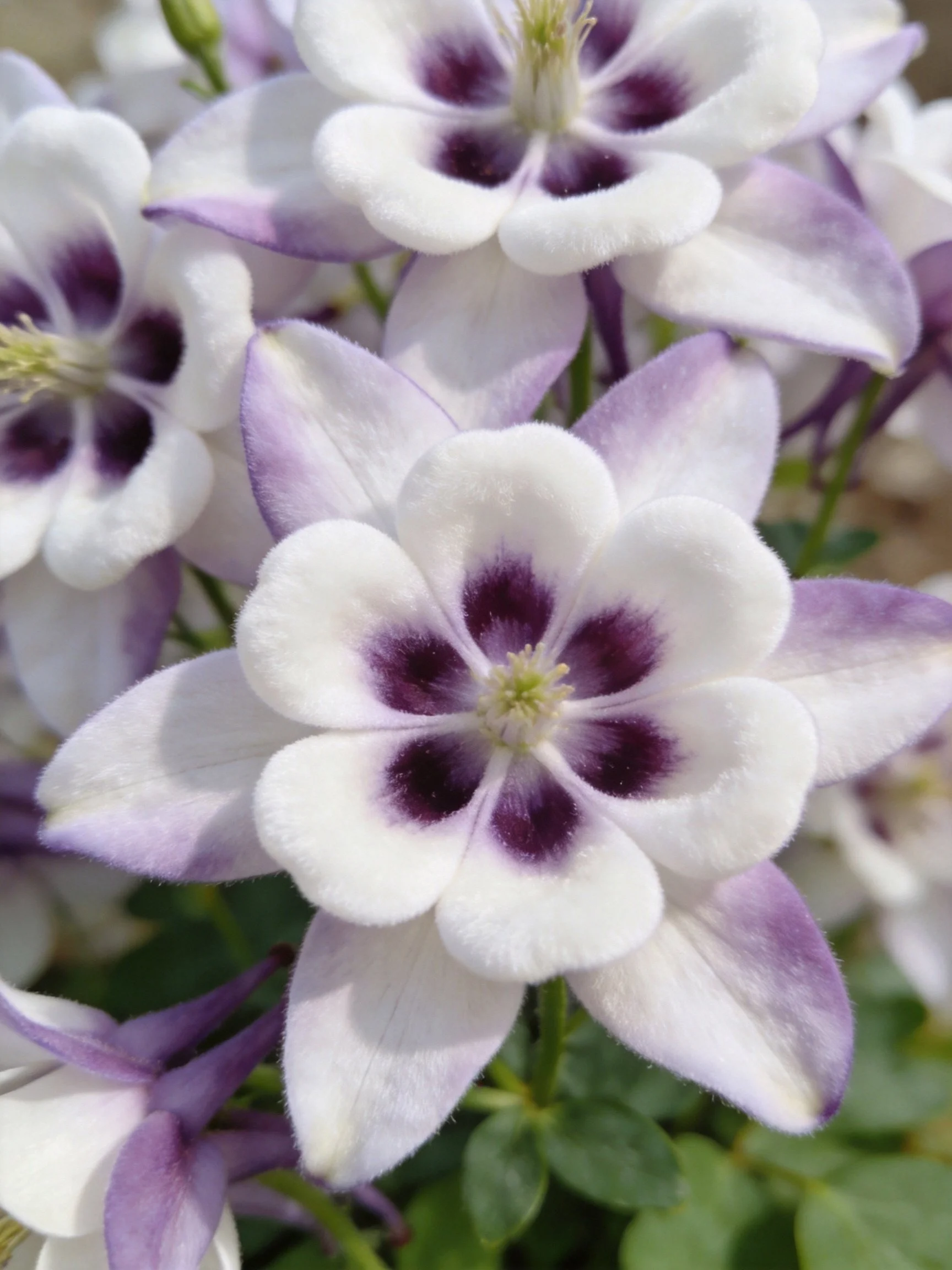 White and purple columbine flowers with dark centers