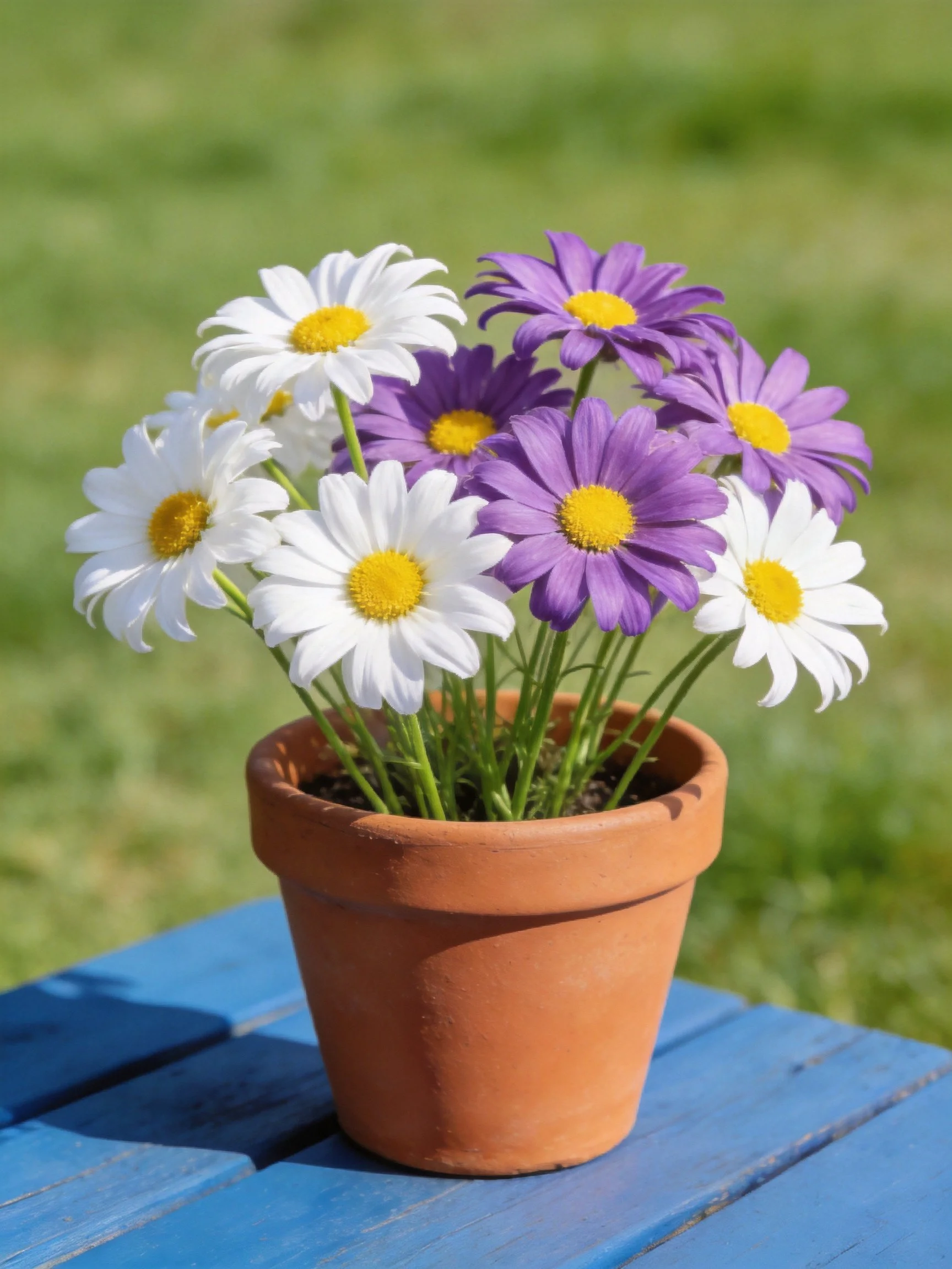 White and purple daisies arranged in a terracotta pot on a blue wooden surface