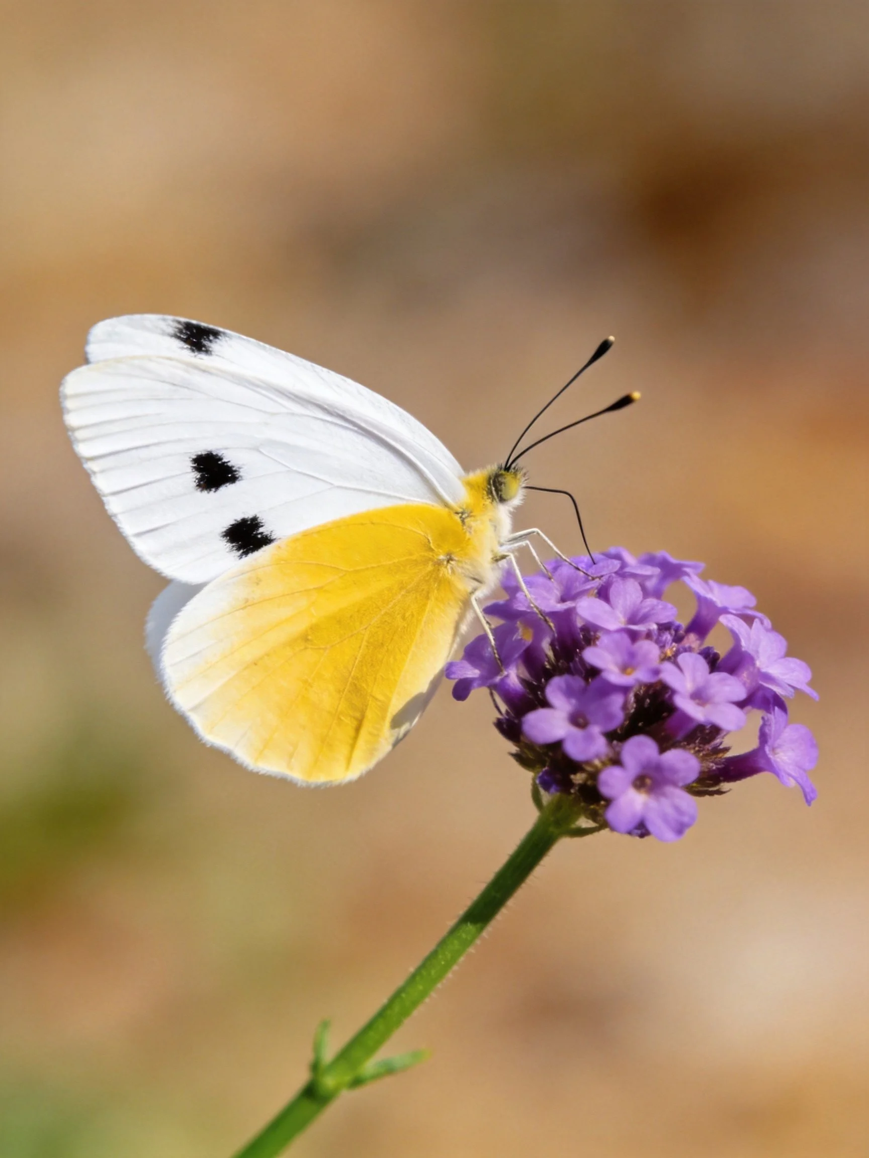 White and yellow butterfly resting on vibrant purple flowers