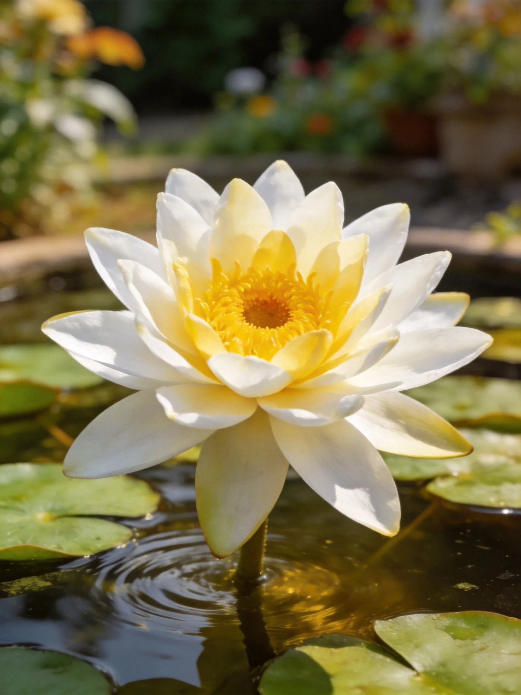 White and yellow water lily blooming in a pond with lily pads