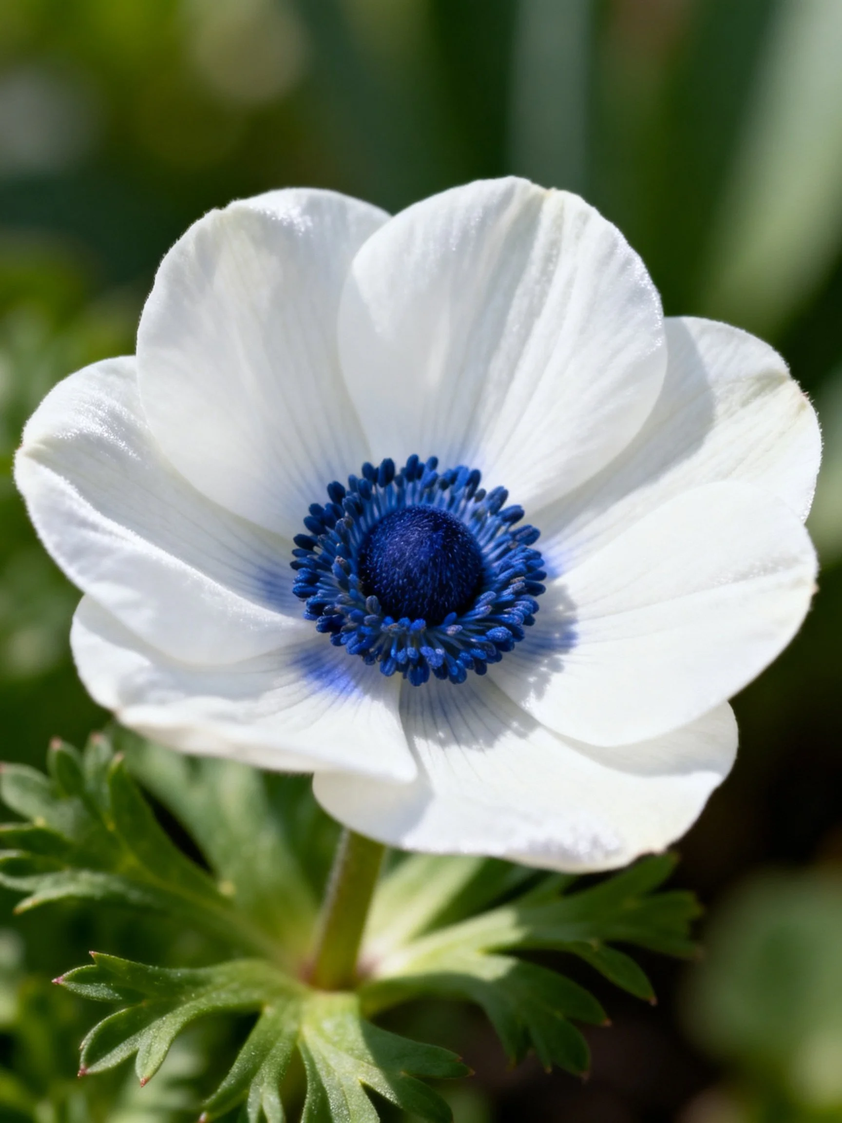 White anemone flower with vibrant blue central disk