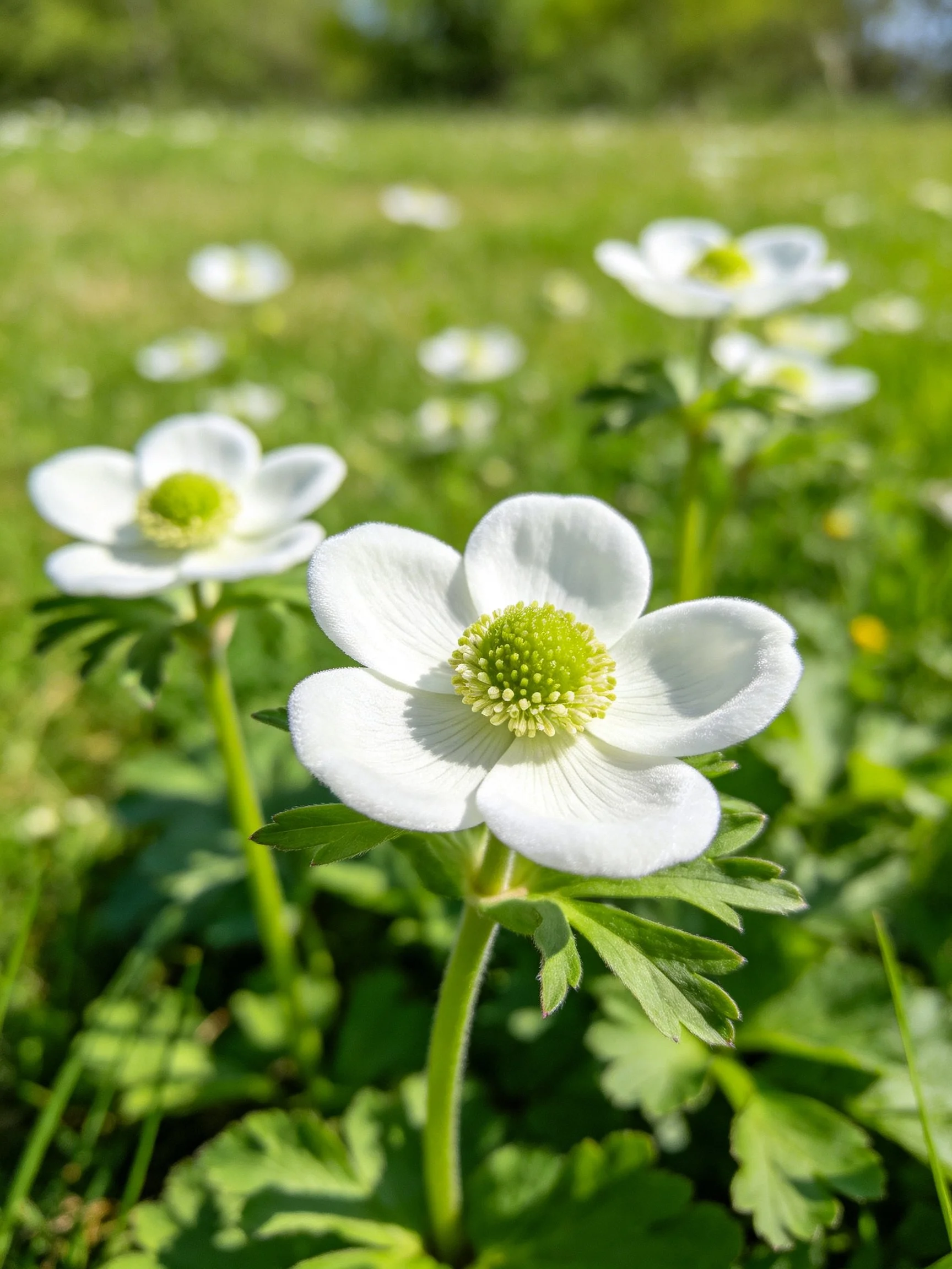 White anemone flowers bloom in a sunlit meadow