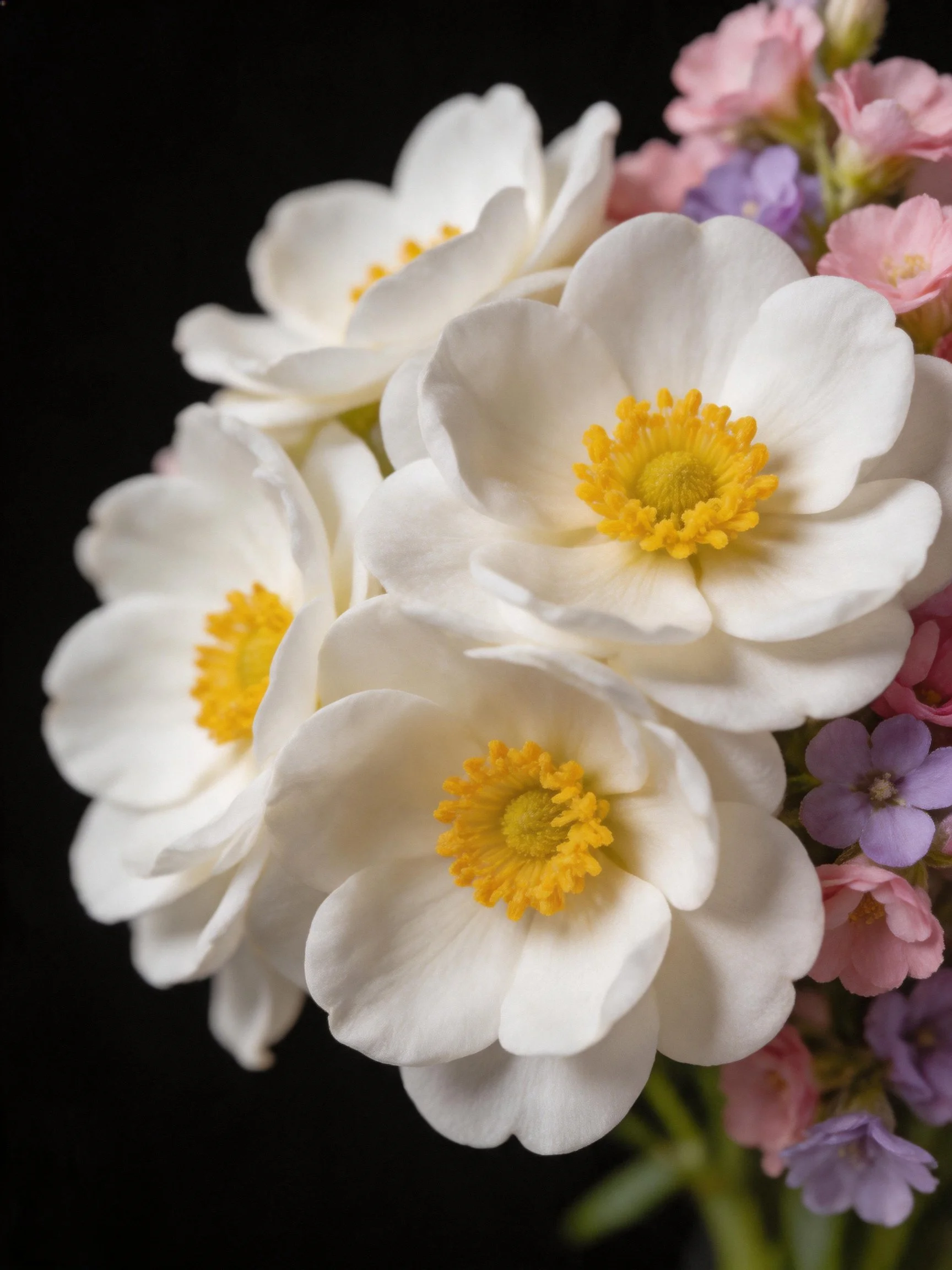 White anemone flowers with yellow centers, accented by pink and purple blooms