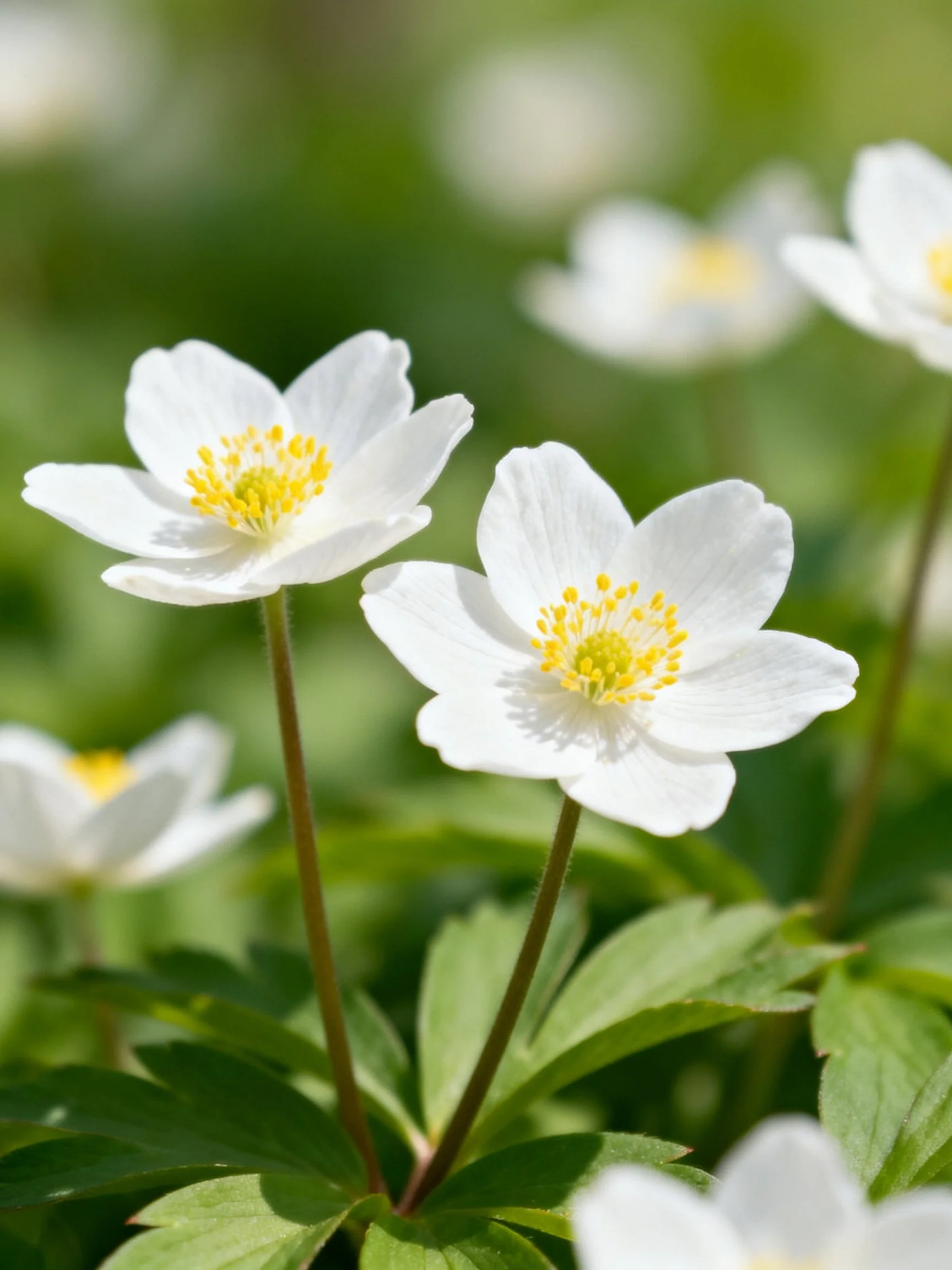 White anemone flowers with yellow centers amid green foliage
