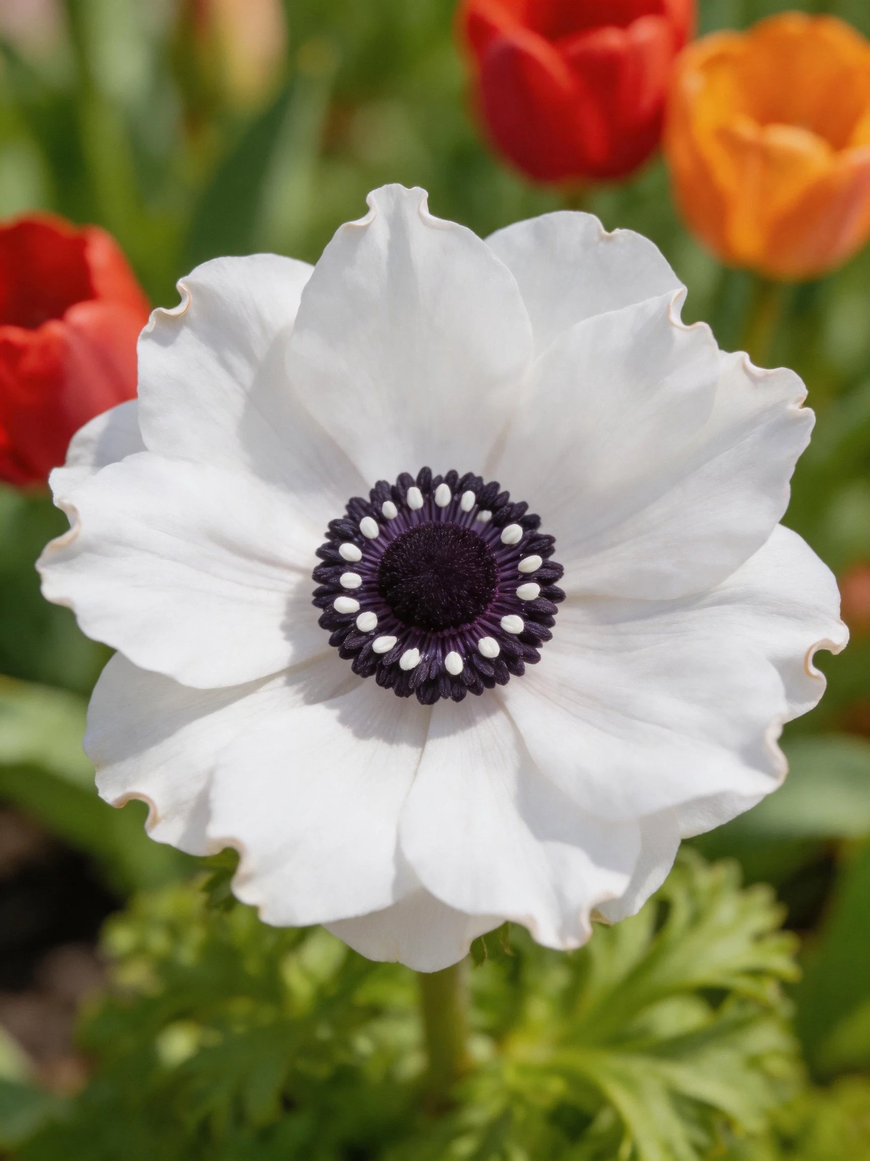 White anemone with dark center amid red and orange tulips