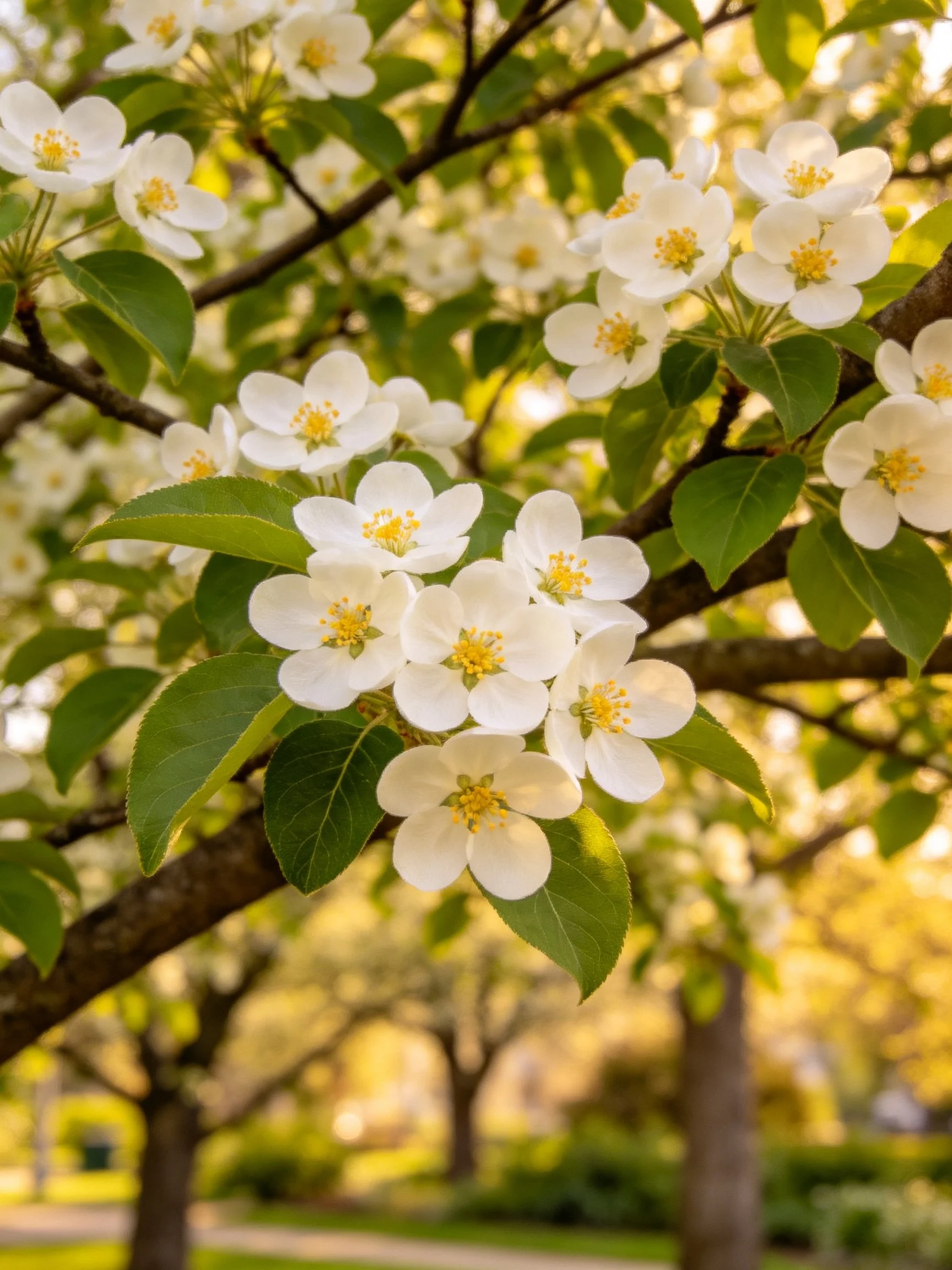 White apple blossoms with yellow centers bloom on tree branches