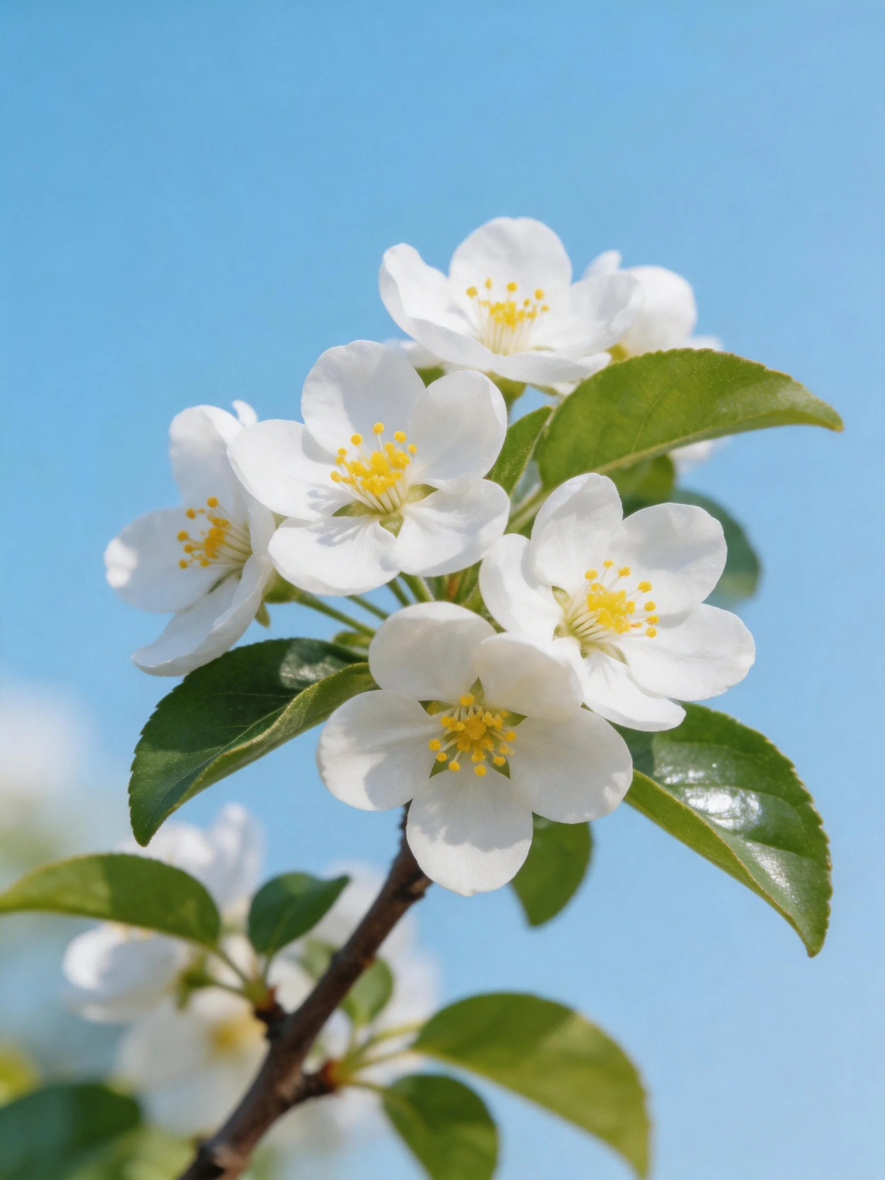 White apple blossoms with yellow stamens on a branch under blue sky