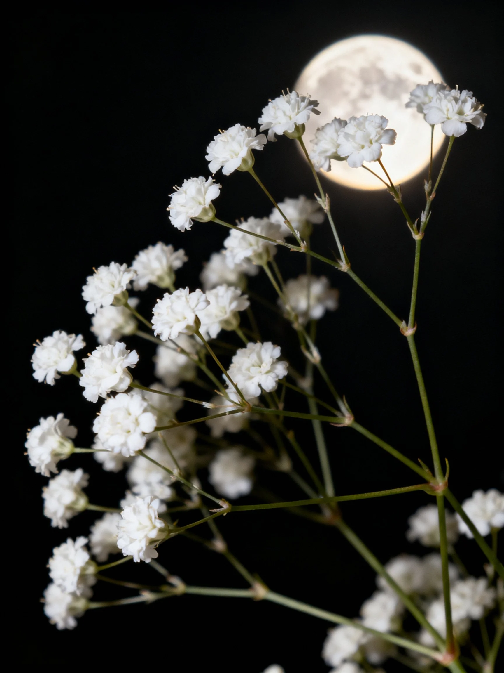White baby’s breath flowers beside a glowing full moon