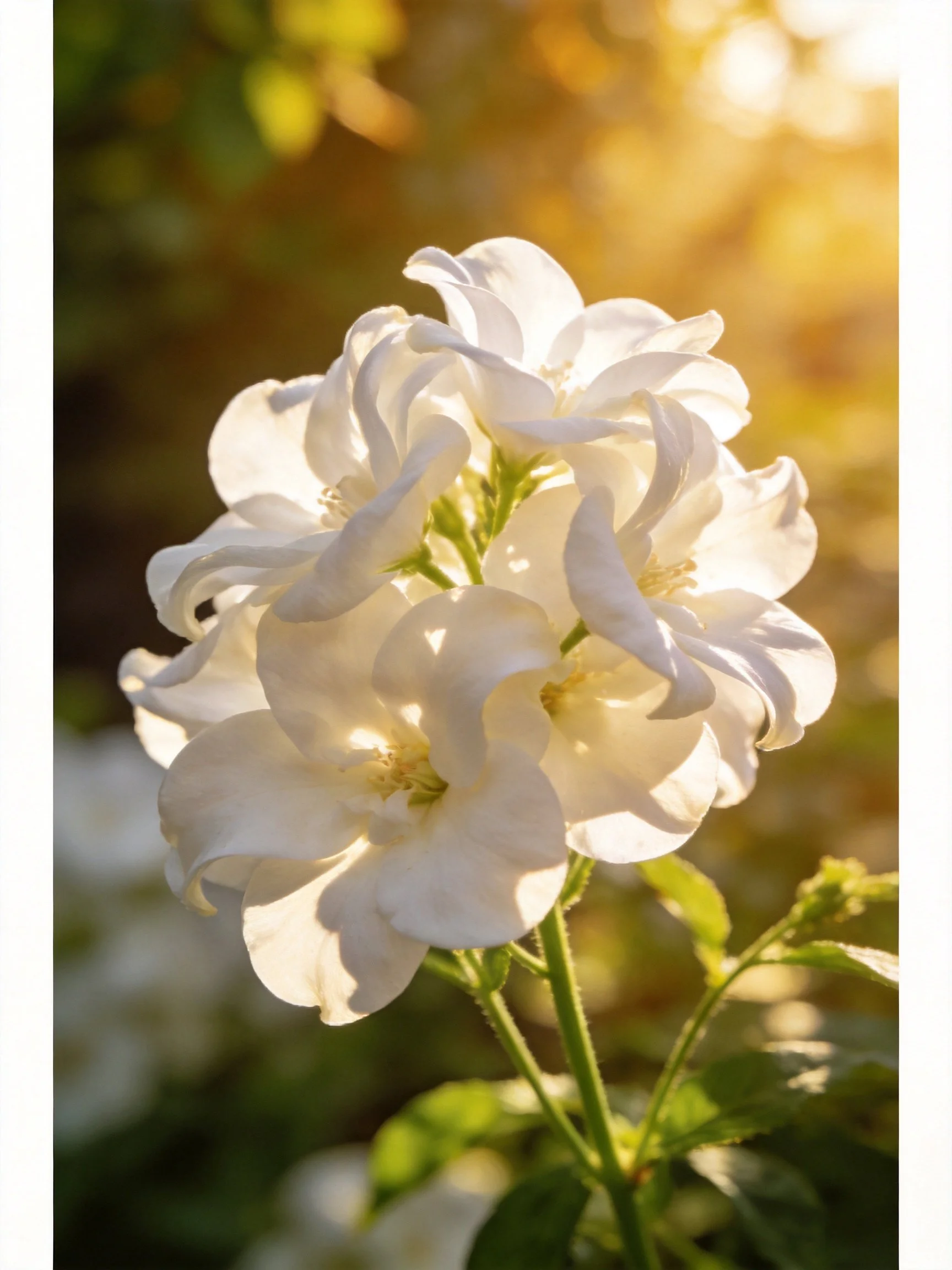 White blooms illuminated by warm sunlight