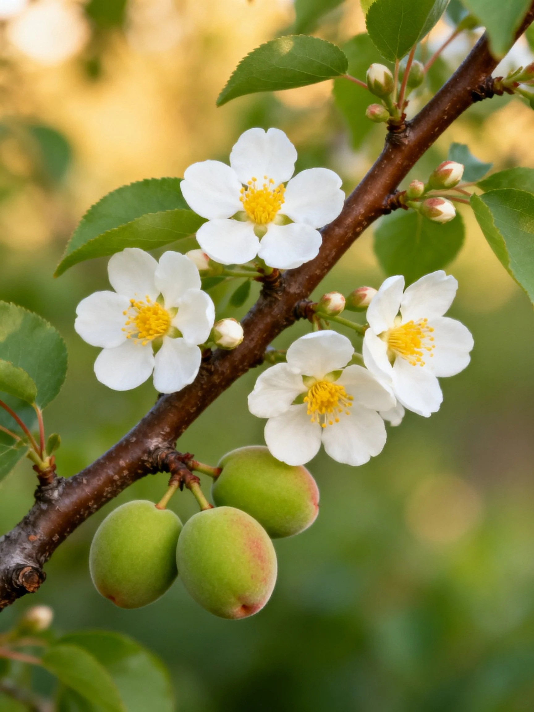 White blossoms and green fruits adorn a brown tree branch