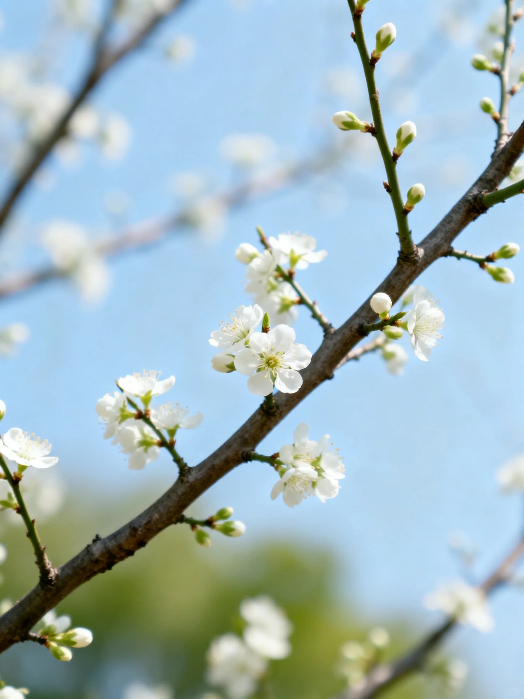 White blossoms bloom on dark brown tree branches under clear blue sky