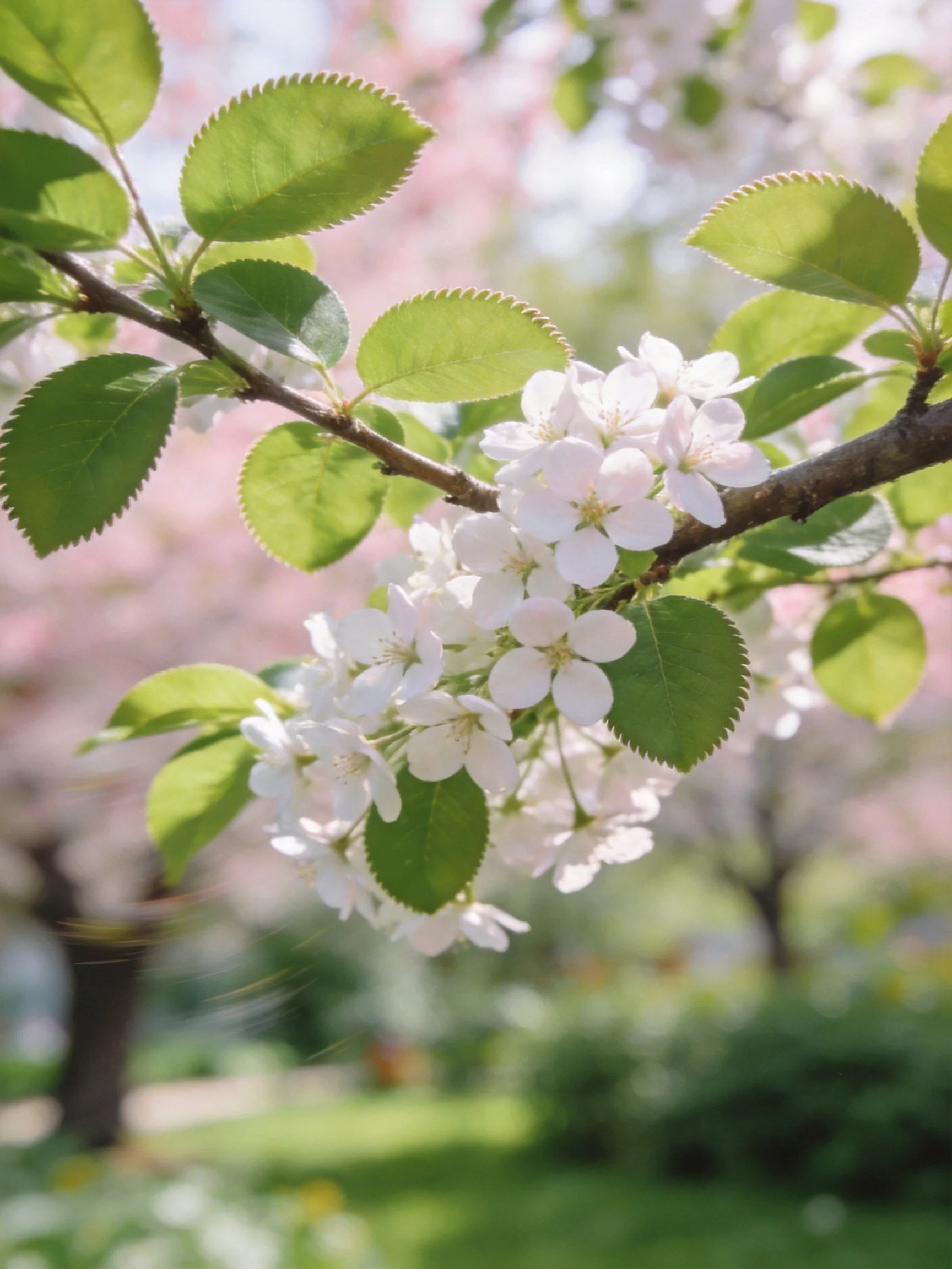 White blossoms cluster on a branch with green leaves and soft pink hues