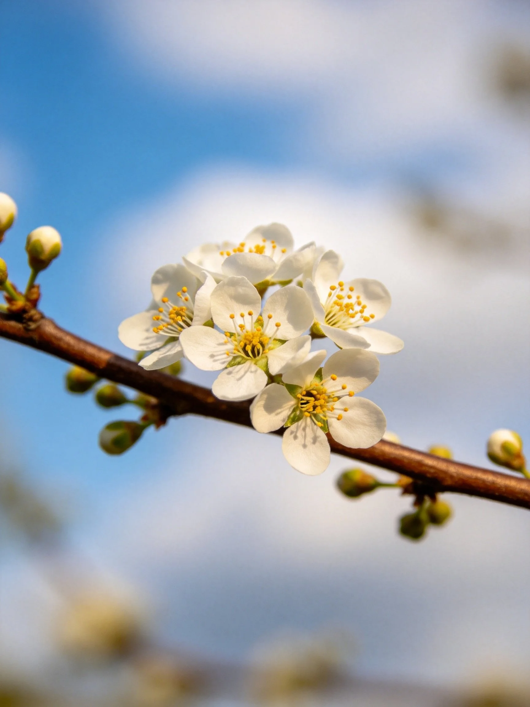 White blossoms cluster on a brown branch against a bright blue sky