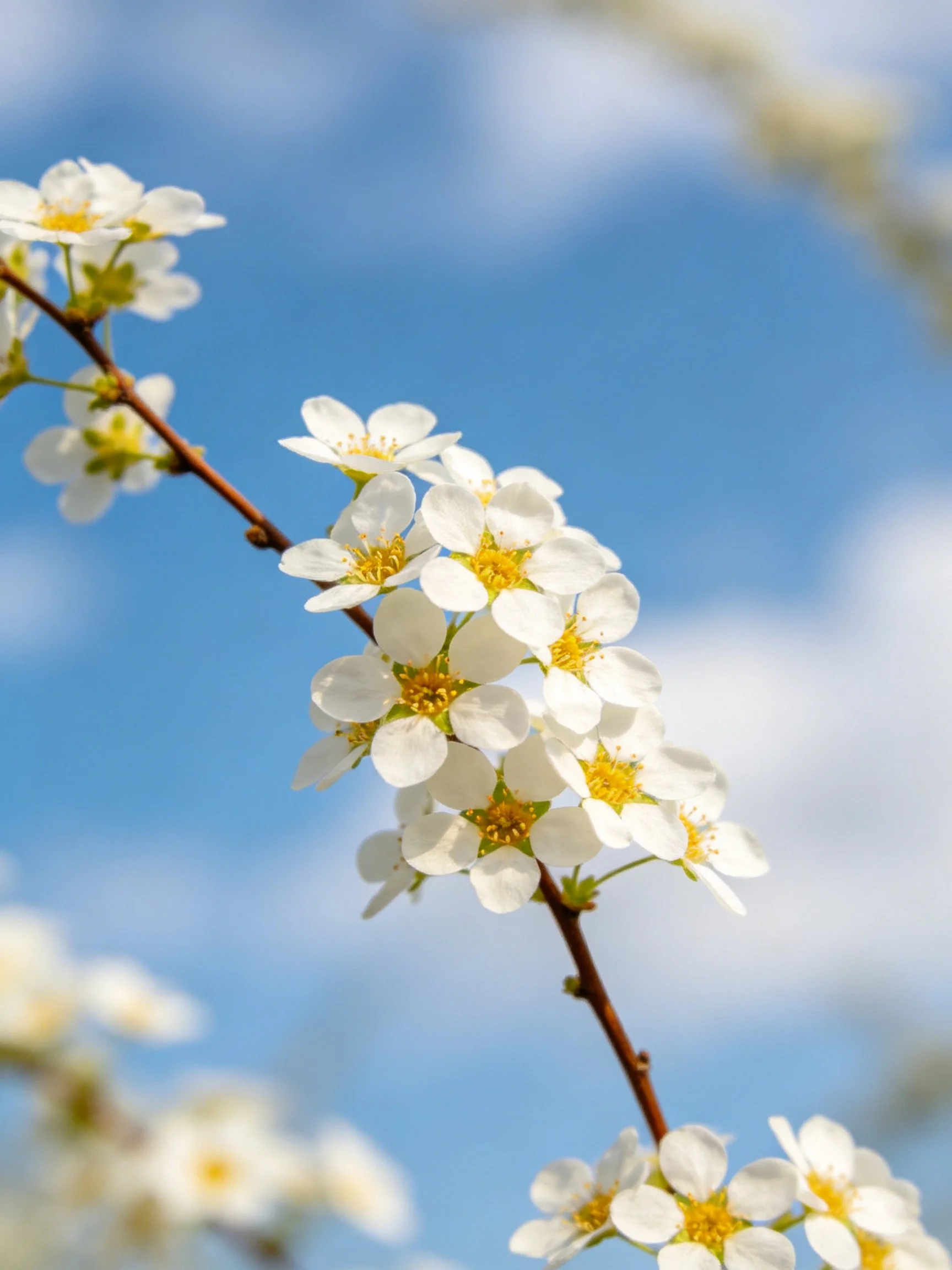 White blossoms cluster on a brown branch against clear blue sky
