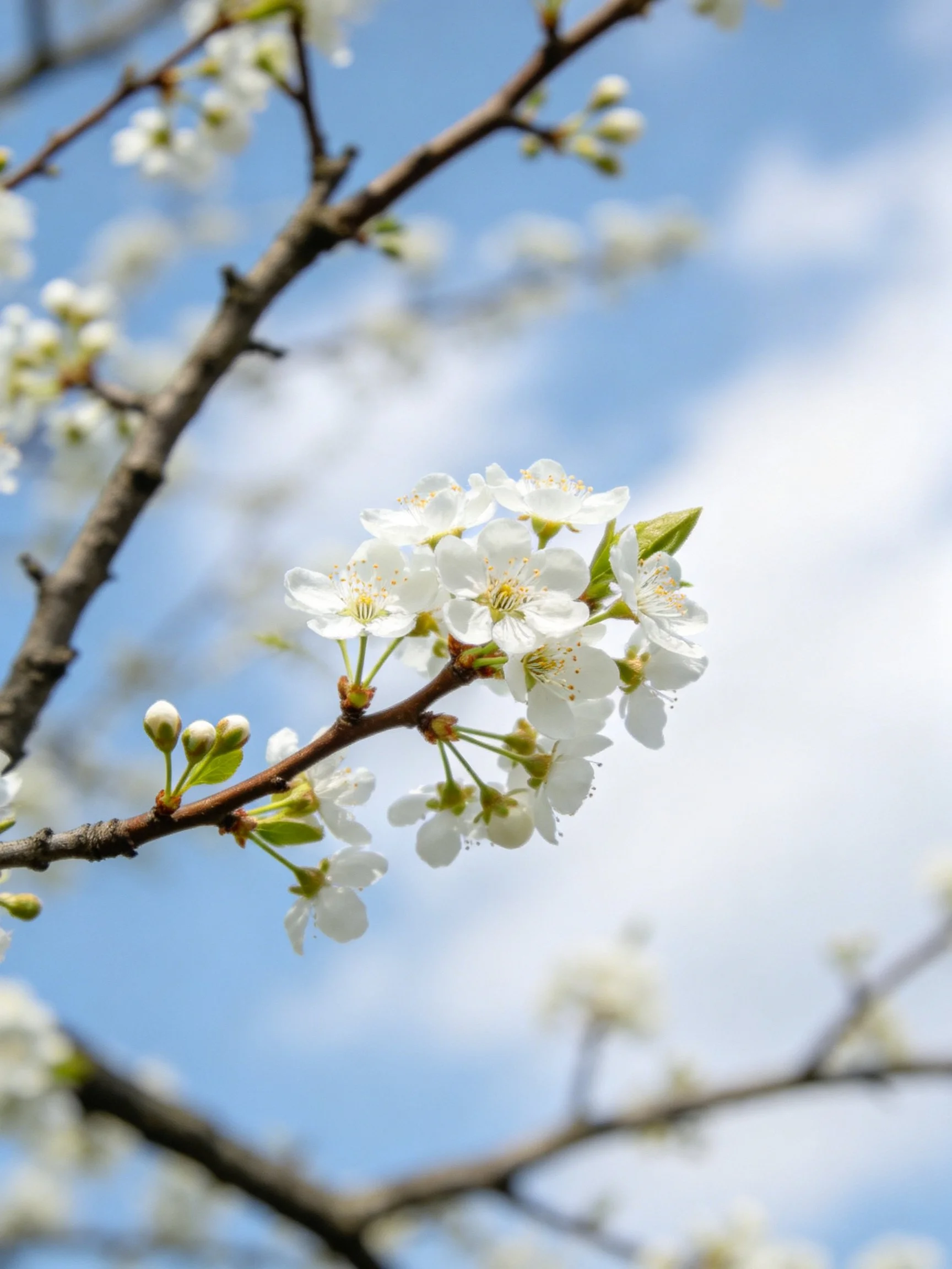 White blossoms cluster on brown tree branches under blue sky