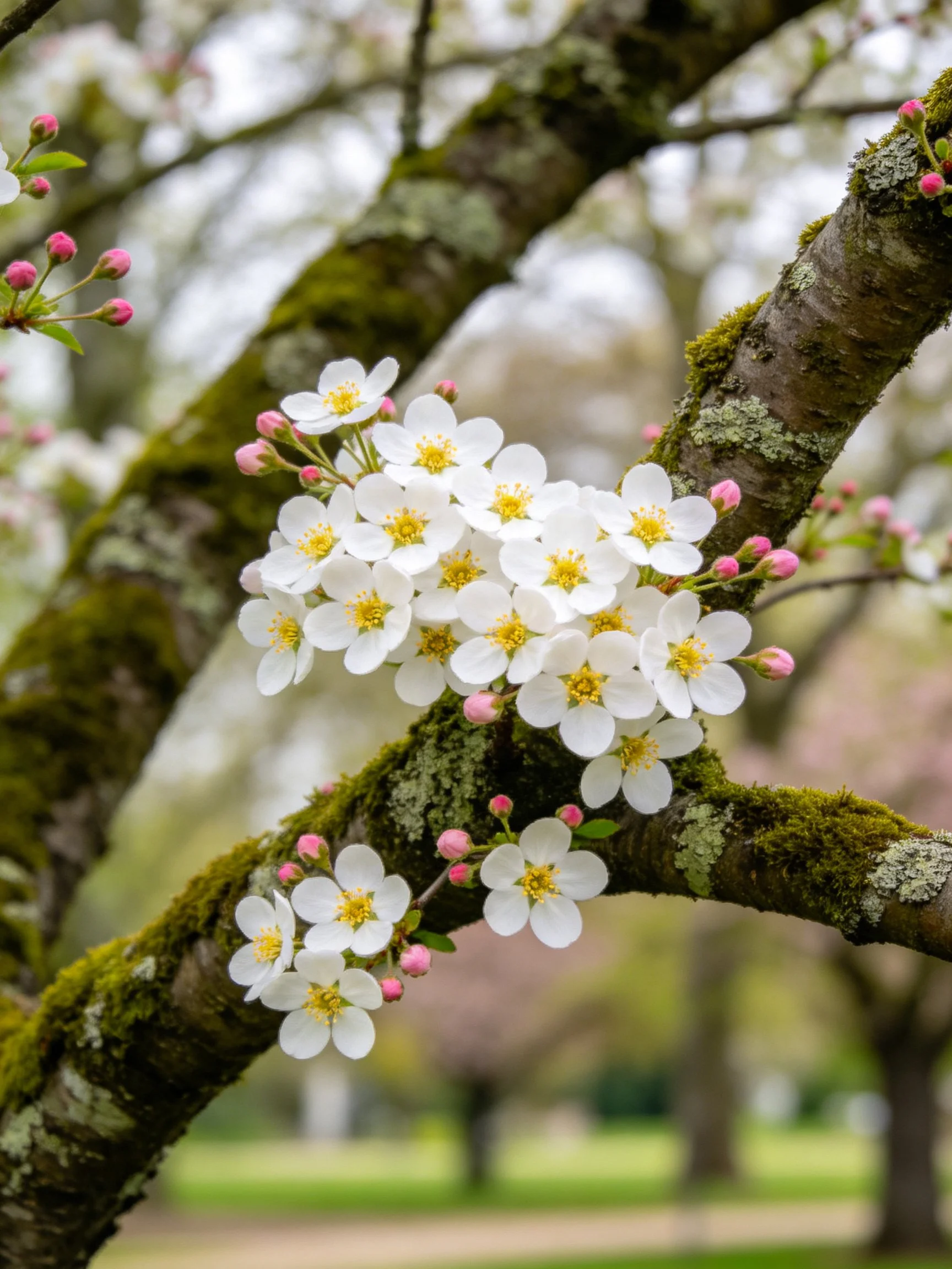 White blossoms cluster on mossy tree branches with pink buds