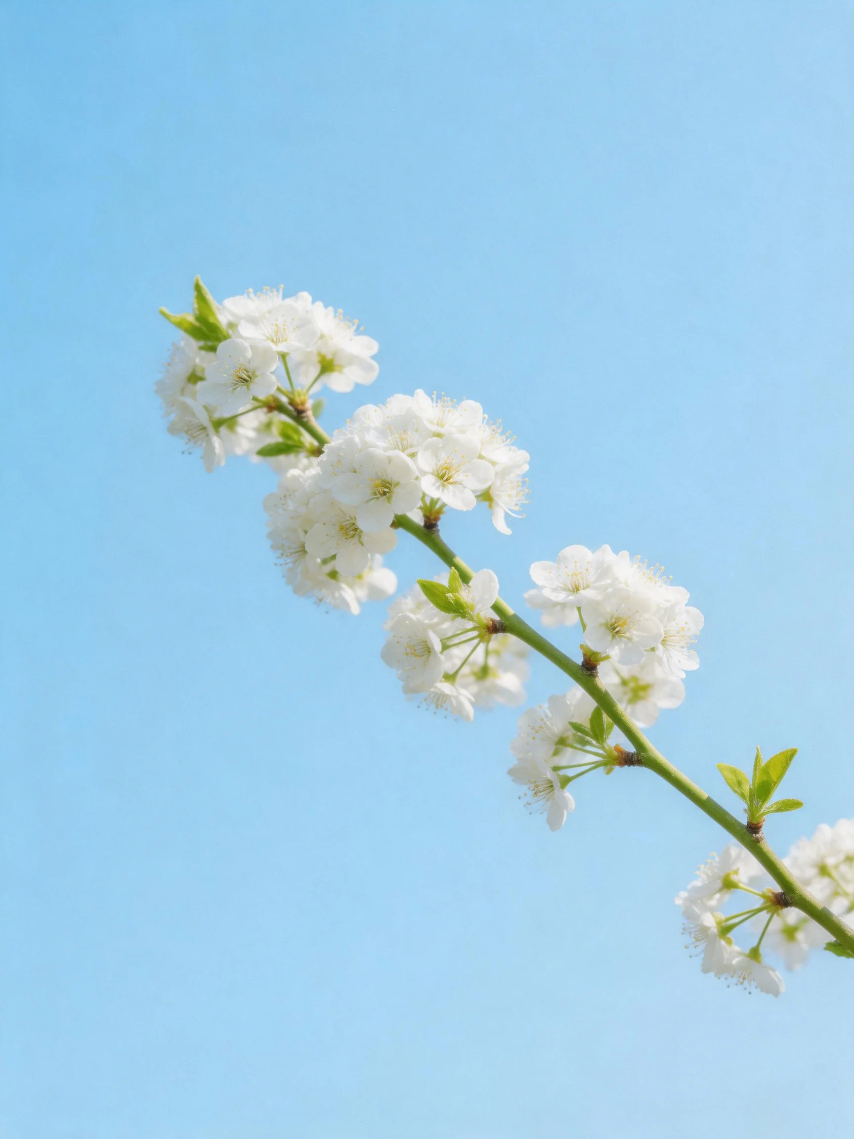 White blossoms on a green branch against a clear blue sky