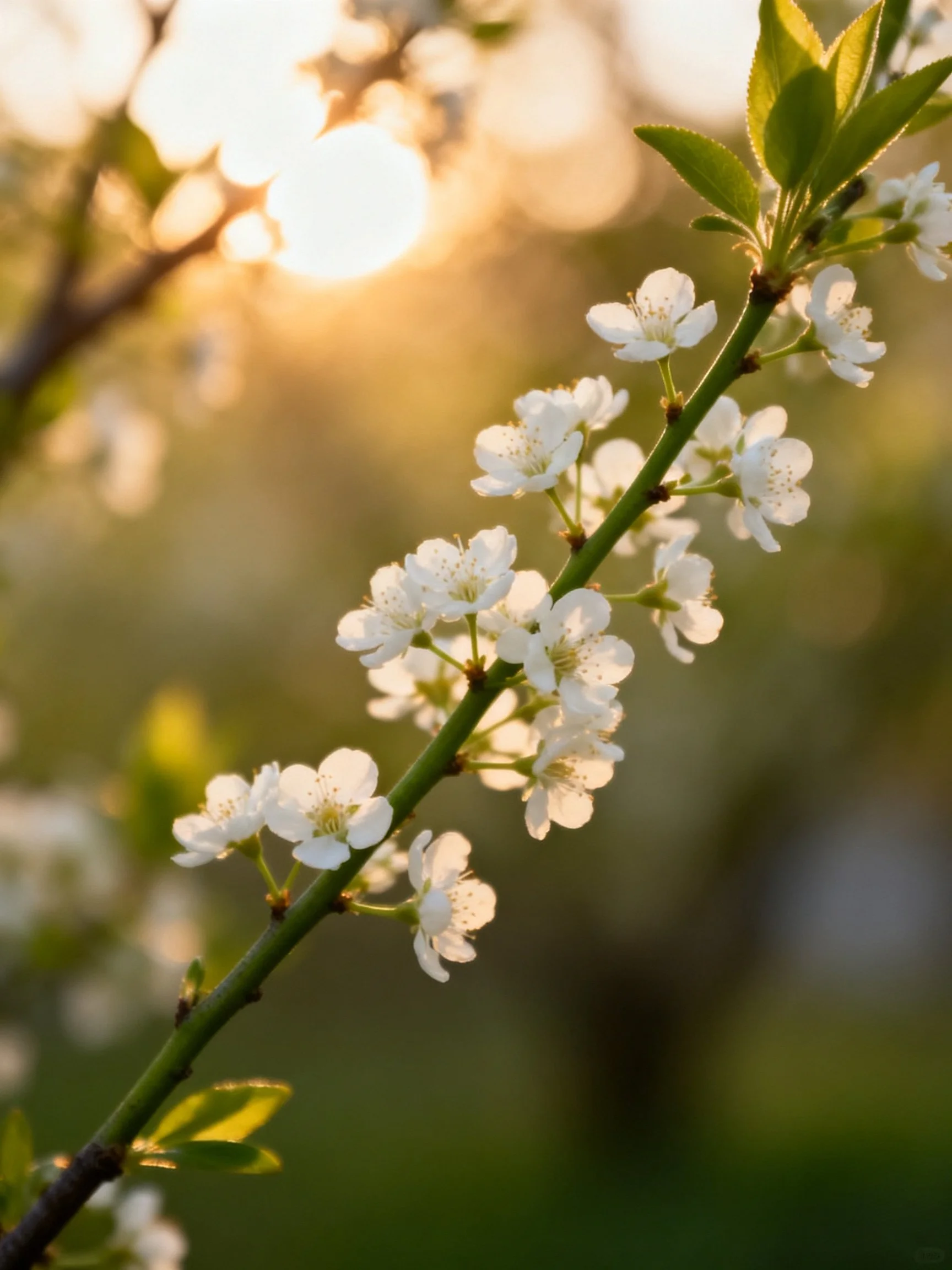 White blossoms on a green branch with golden sunset light