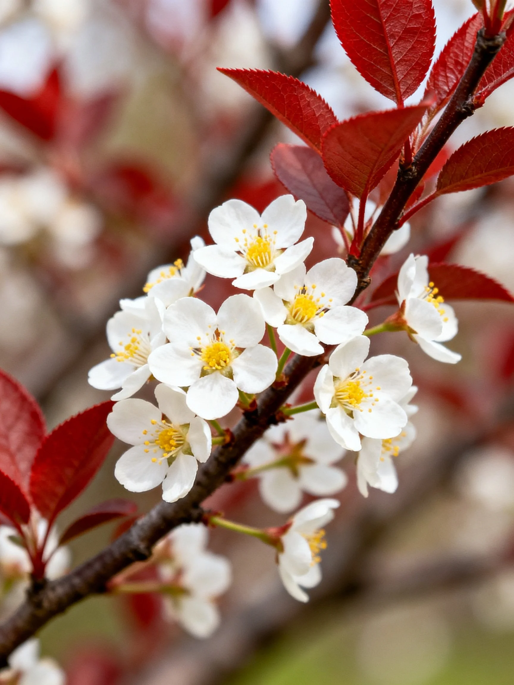 White blossoms with yellow centers and vibrant red leaves on dark branches
