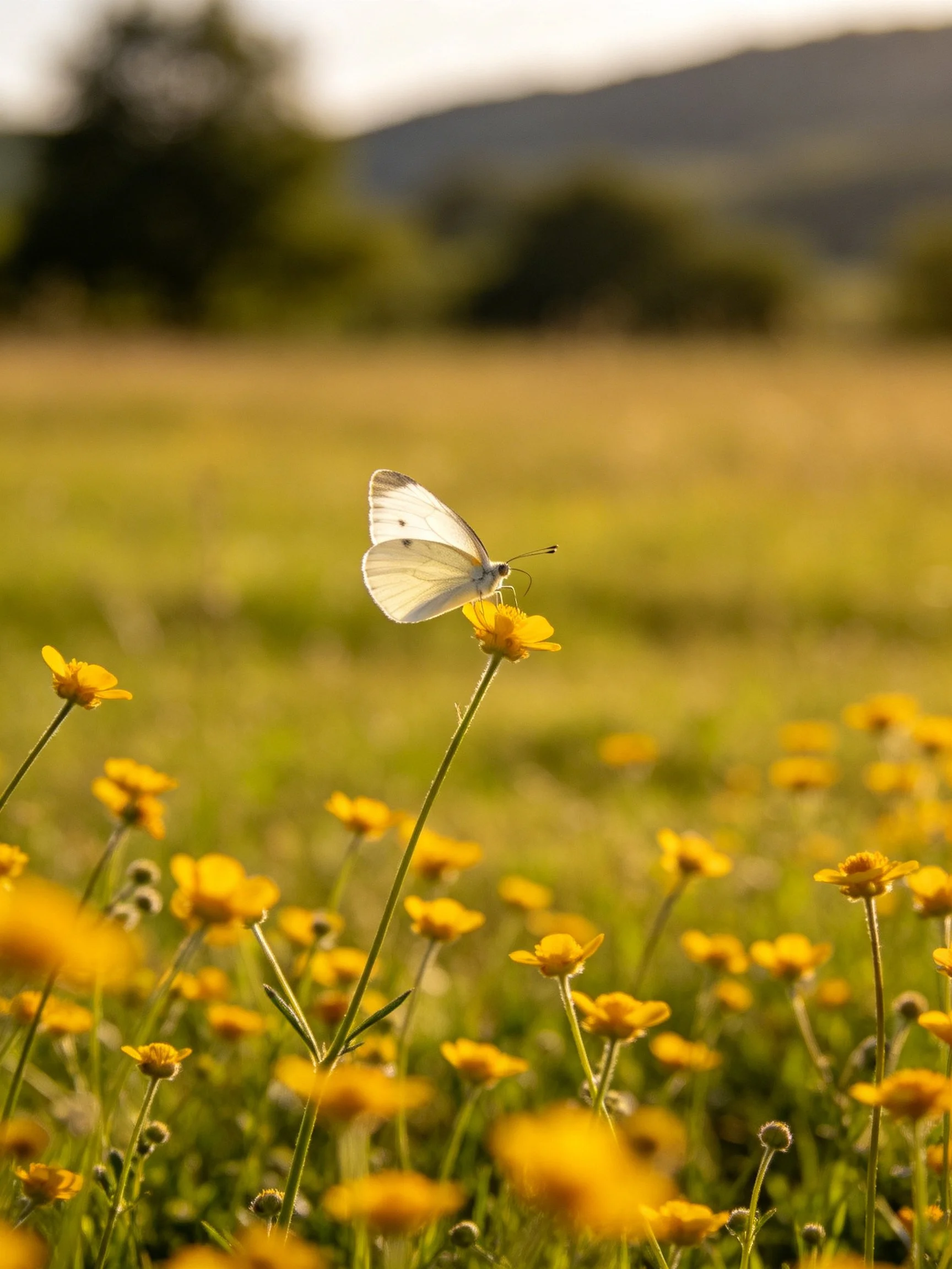 White butterfly on yellow wildflowers in sunlit meadow