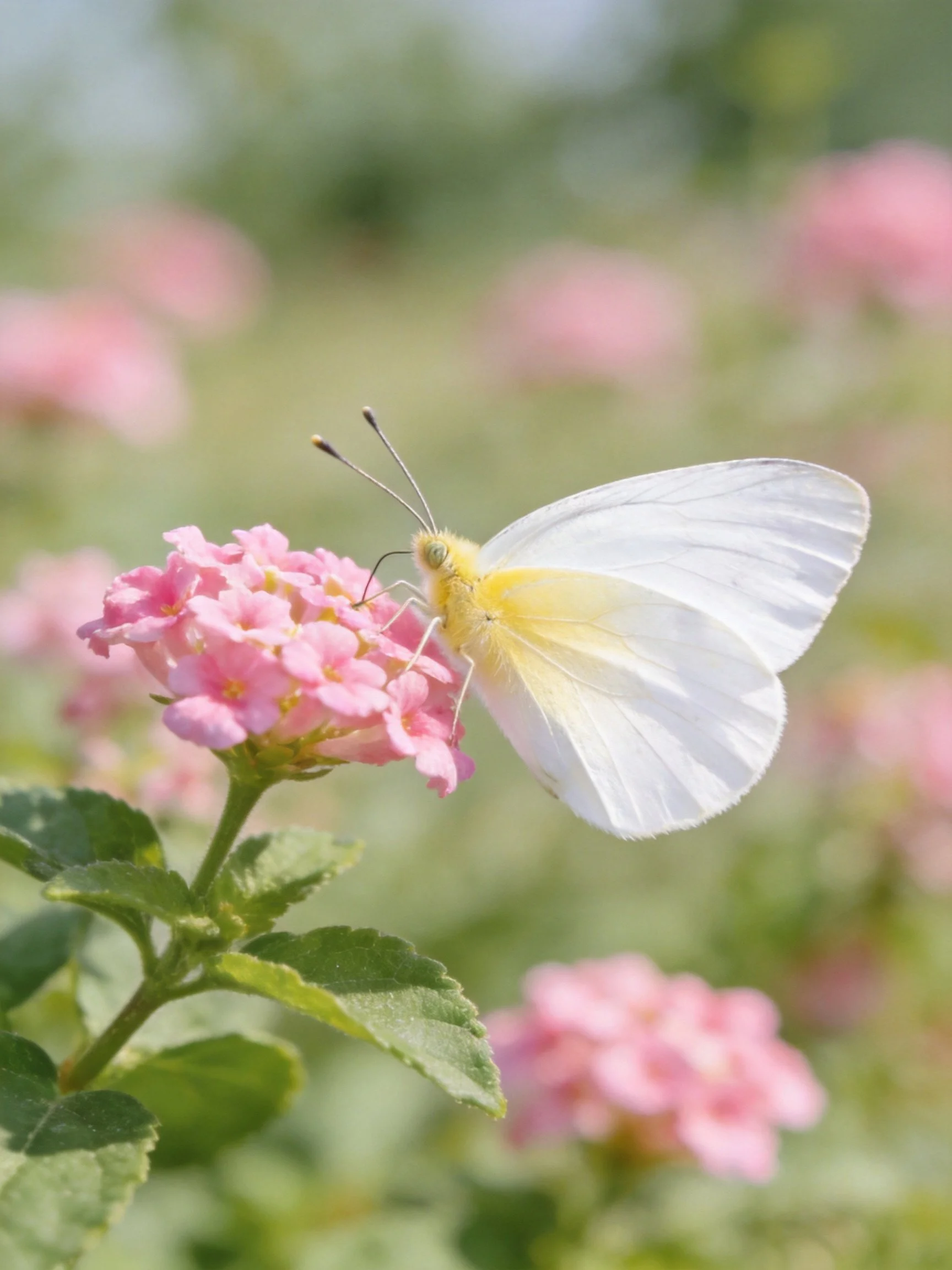 White butterfly perched on vibrant pink clustered flowers